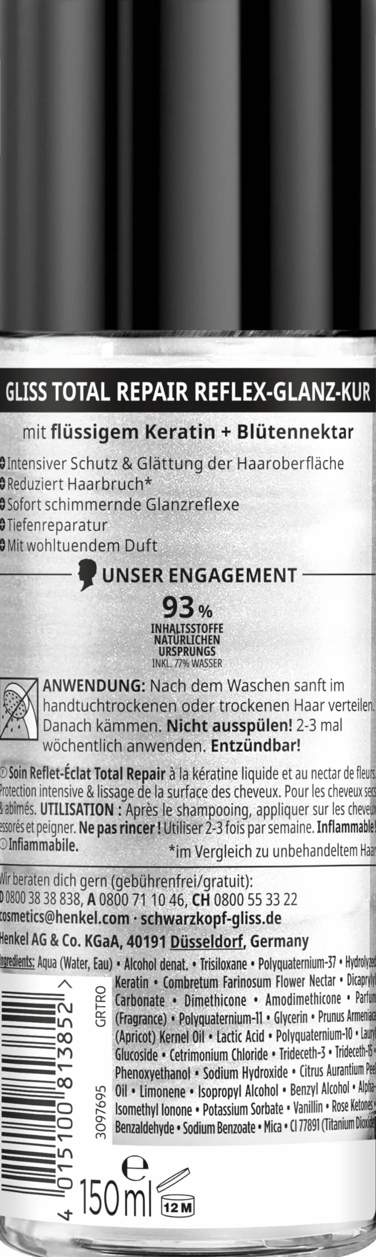 Gliss Reflex-Glanz-Kur Total Repair (150 ml), kuracja do włosów z keratyną i nektarem kwiatowym, natychmiast połyskujące, redukuje łamliwość włosów