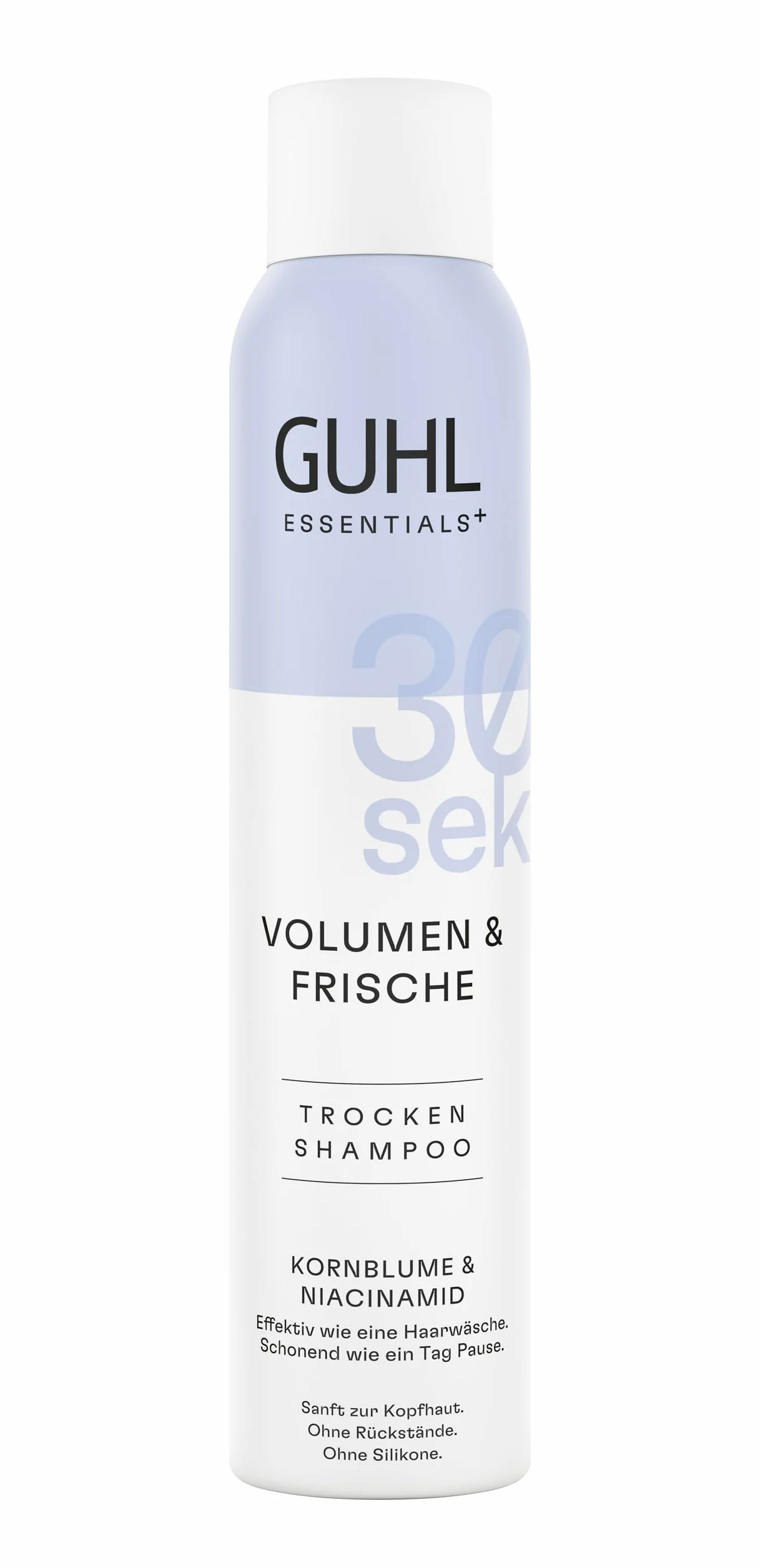 Guhl 30 s suchy szampon – objętość i świeżość – zawartość: 200 ml – niacynamid i chaber – skuteczny jak mycie włosów – delikatny jak dzień przerwy – bez pozostałości – bez silikonów