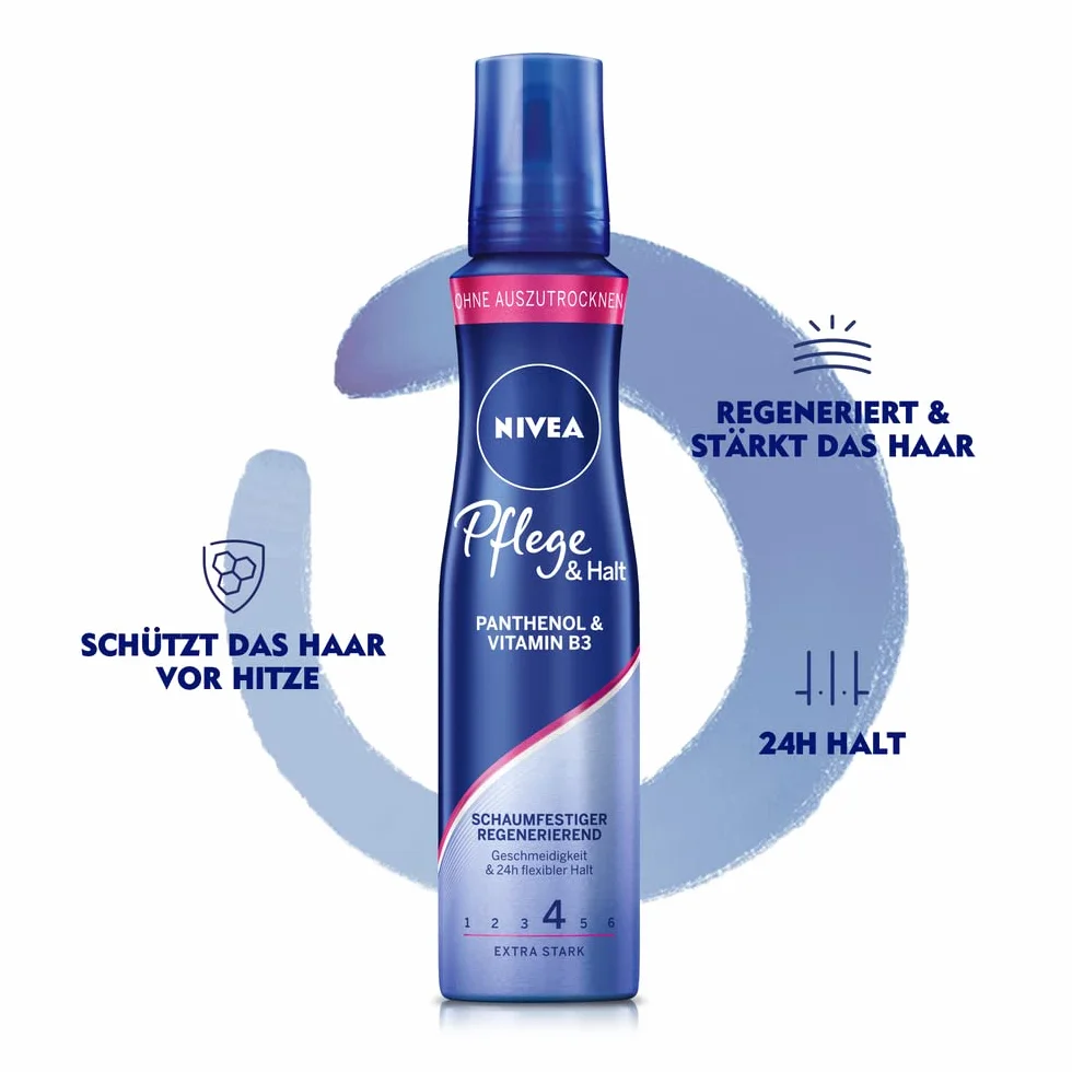 NIVEA Pielęgnacja i trzymanie, odporna na pianę, ekstra mocna (150 ml), pielęgnująca pianka do włosów z ochroną przed wysoką temperaturą, pantenol i witamina B3, utrwalanie włosów przez 24 h (poziom trzymania 4)