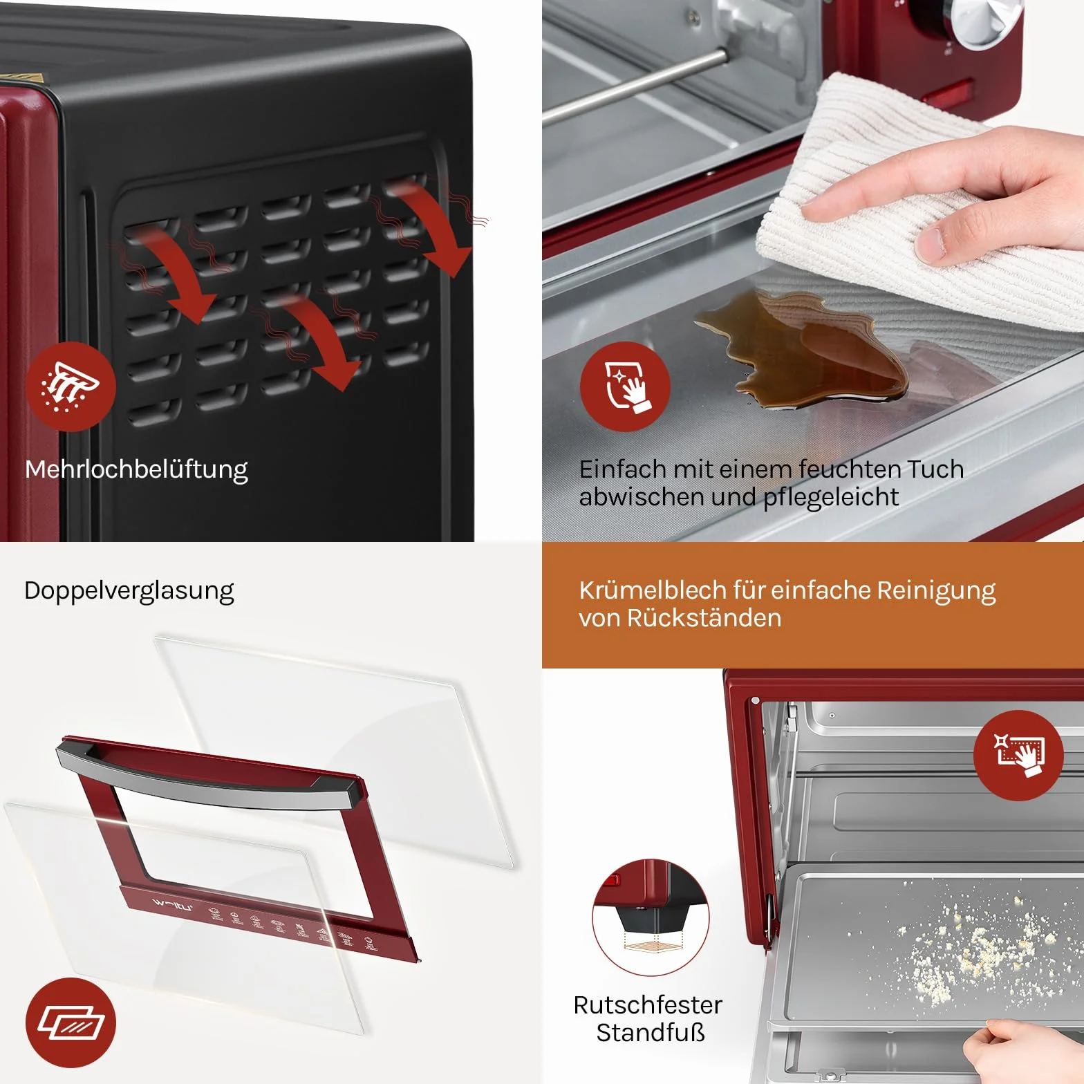 WOLTU mini piekarnik 32 litry, toster 1600 Watt | Piec do pizzy | Wyjmowana tacka na okruchy z minipiekarnikiem z timerem do pizzy, tostów, indyka, hot-dogów, czarny + czerwony
