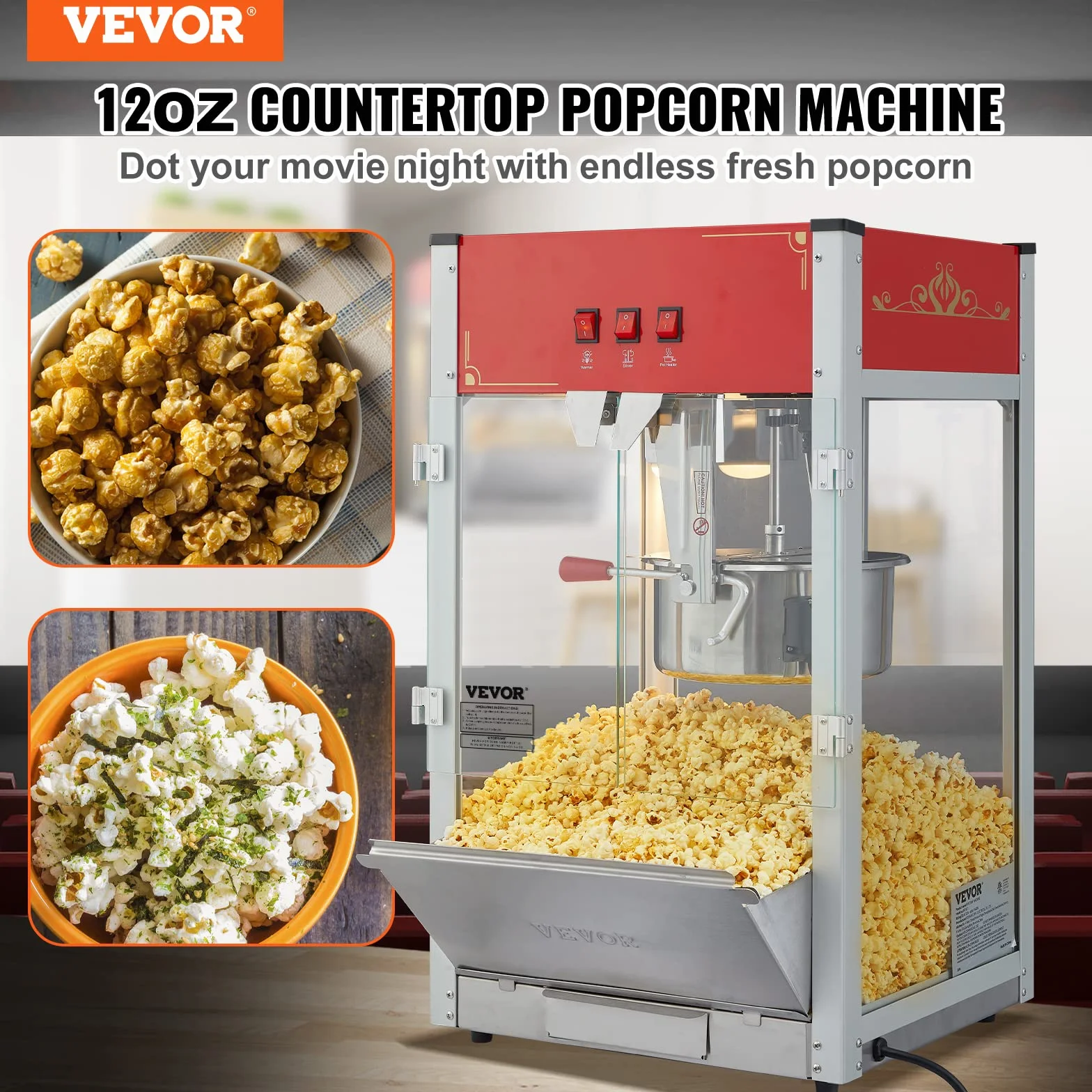 VEVOR Maszyna do popcornu – maszyna do popcornu 1440 W, z kociołkiem o pojemności 12 oz, na maks. 80 filiżanek na ładowanie, z hartowanego szkła i 3 łopatkami ze stali nierdzewnej