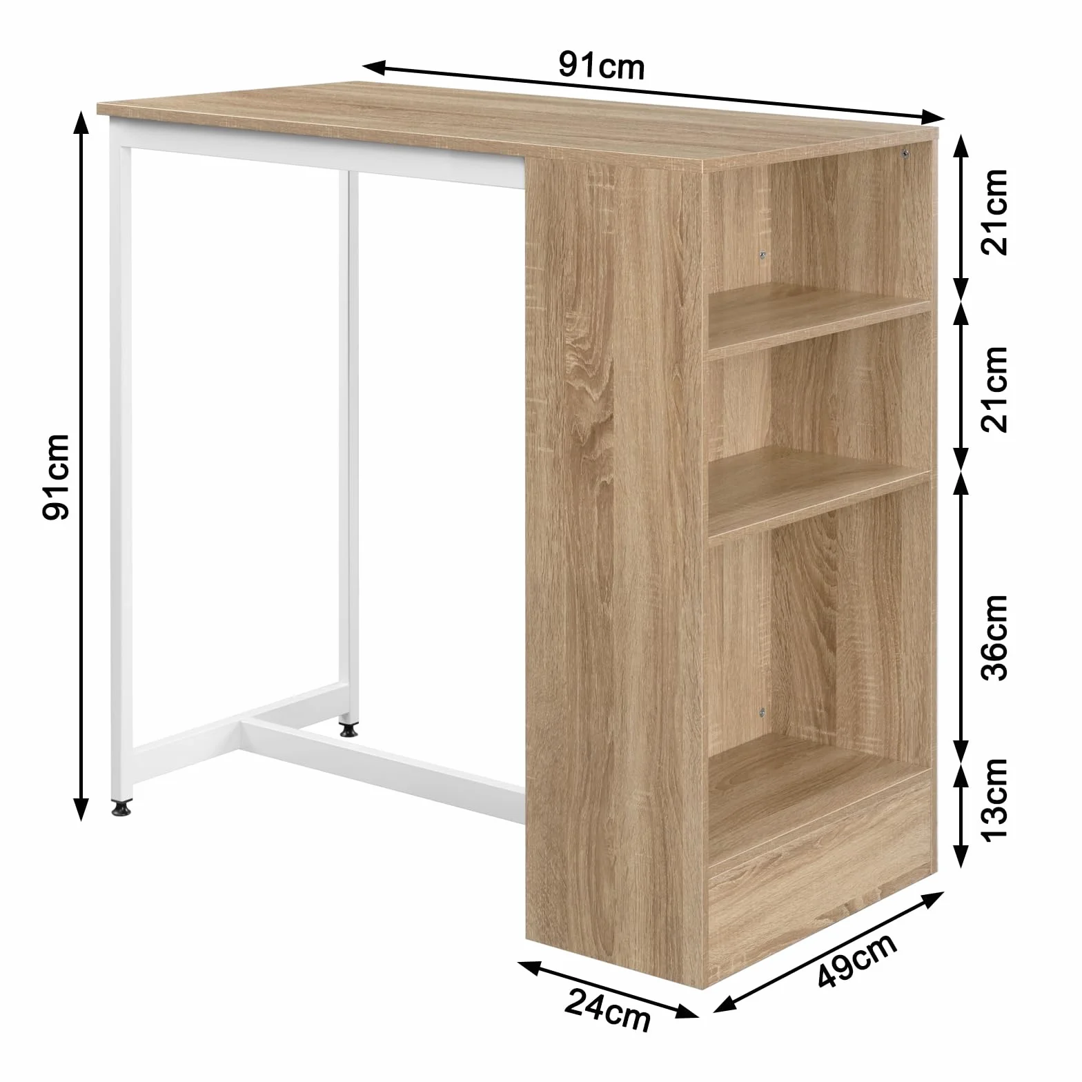 Woltu Stół barowy metalowa rama 3 półki 91 x 49 x 91 cm jasny dąb biały BT43hei
