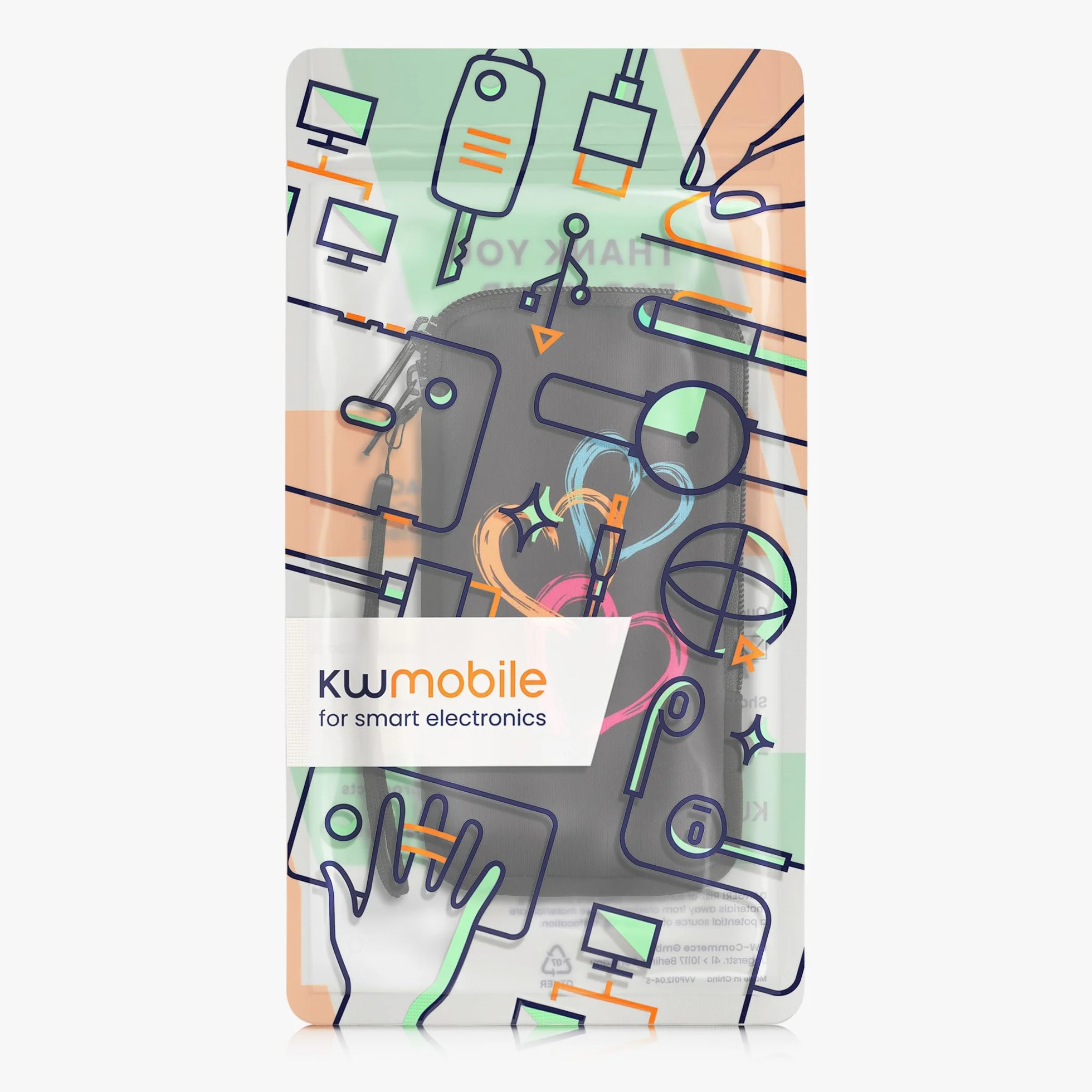 kwmobile Neoprenowy rękaw na smartfon rozmiar XL - 6,7/17.3 cm - etui amortyzujące wstrząsy - ochronna torba na telefon - szczotkowane serce abstrakcyjne ciemnoróżowy/pomarańczowy/czarny