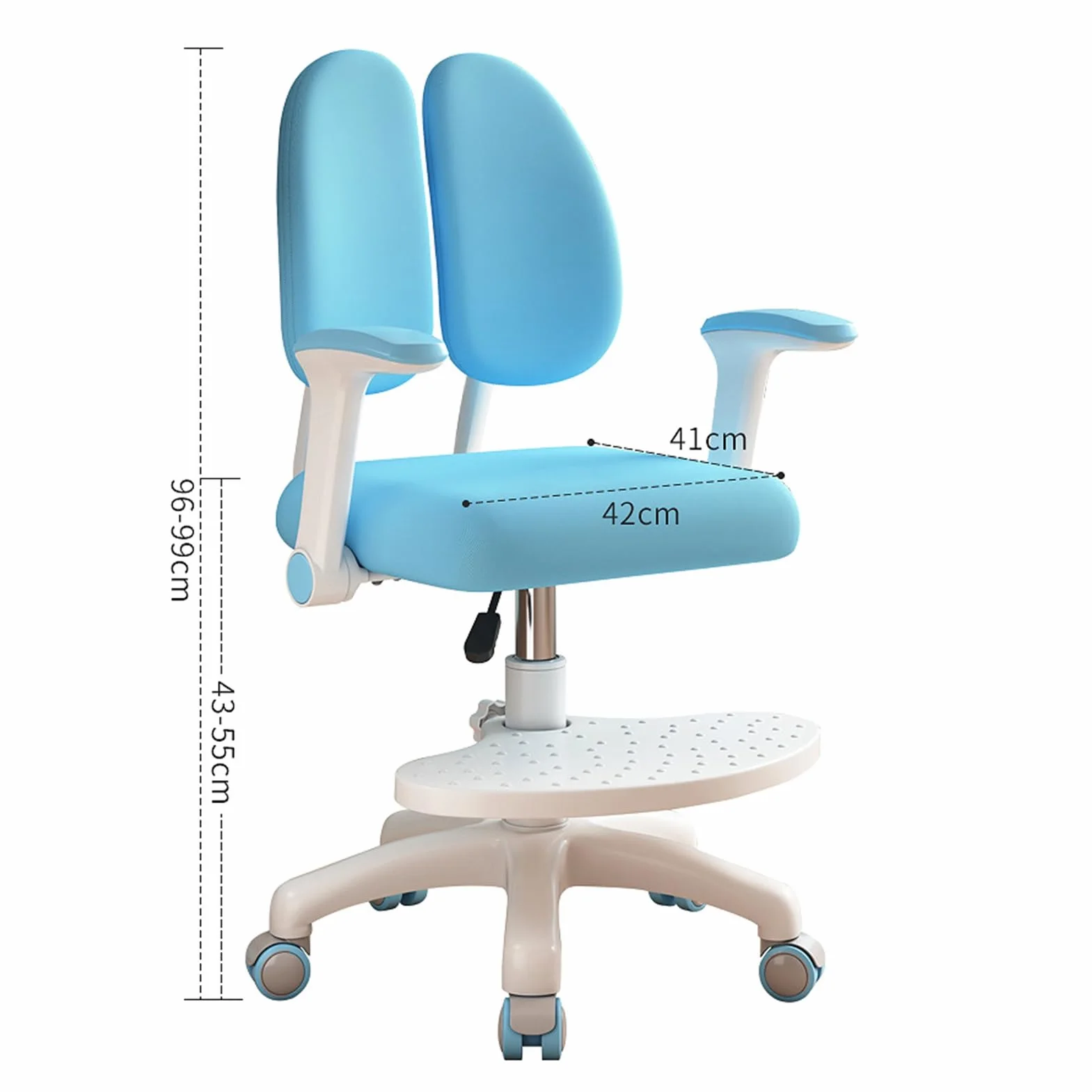 Ergonomiczne krzesło biurowe dla dzieci i młodzieży, z regulacją wysokości, podnóżkiem i regulowanymi kółkami, niebieskie