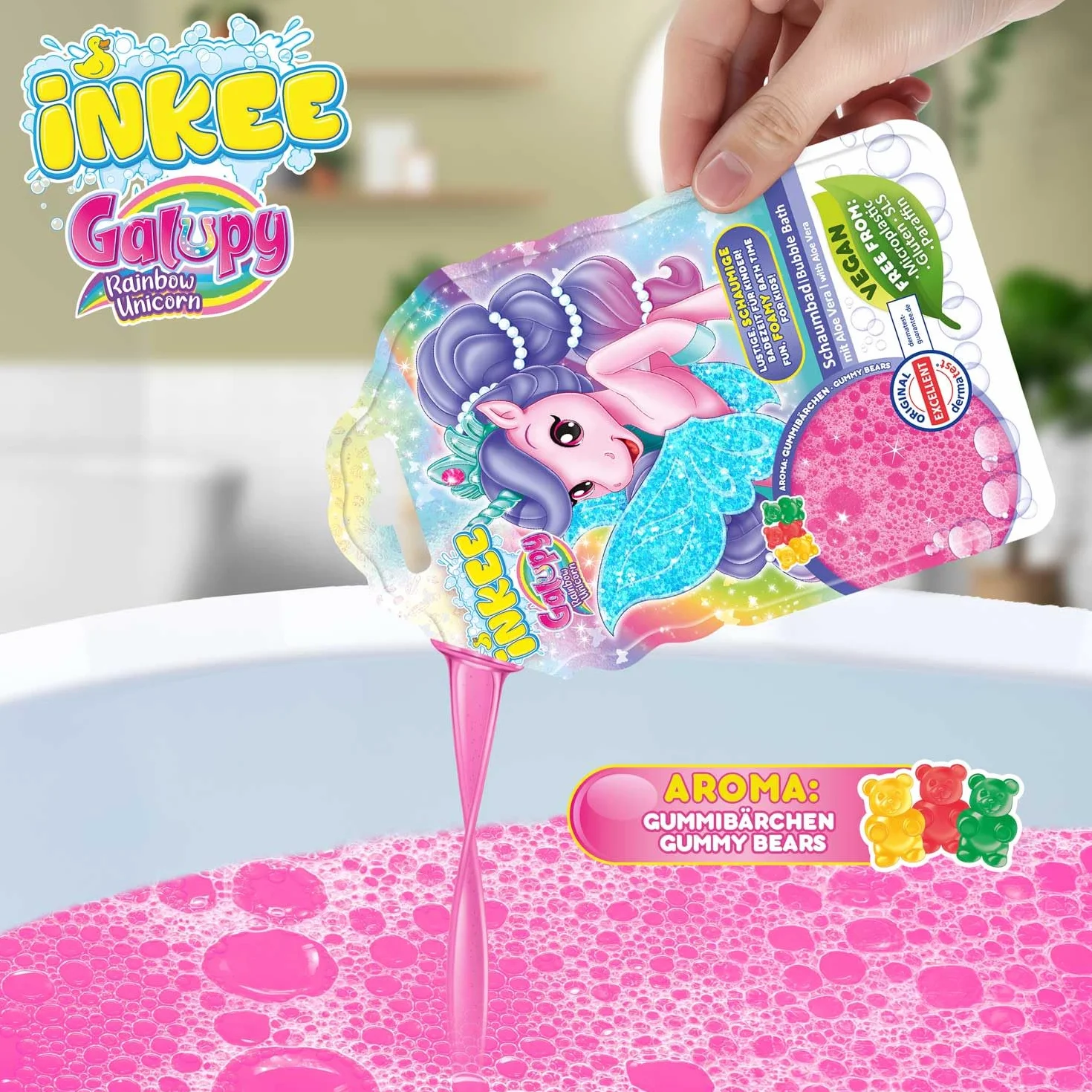INKEE Płynna Pianka do Kąpieli Galupy Unicorn | Jednorożcowy Płyn do Kąpieli dla Dzieci z Aloesem i Aromatem Żelków Haribo, 40g