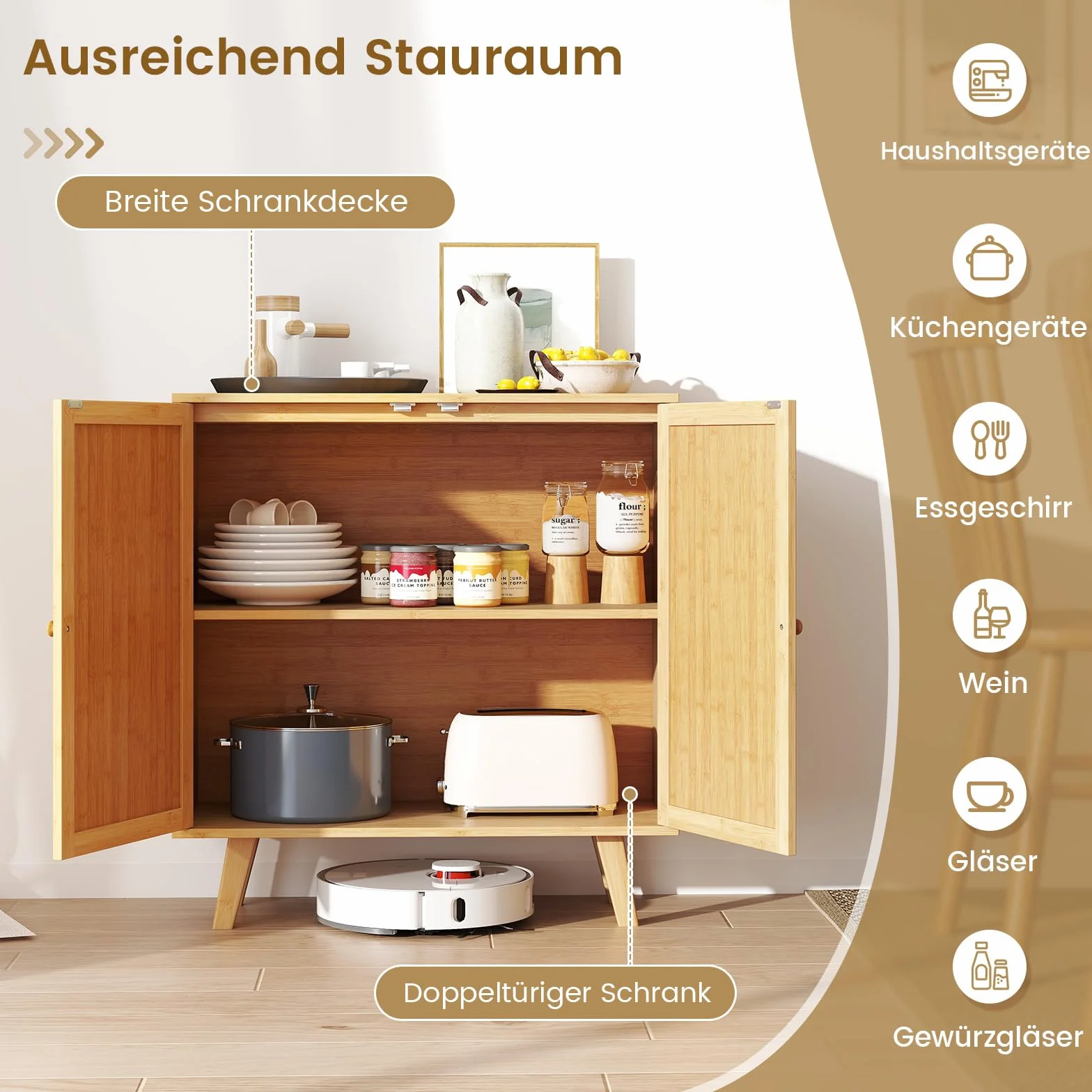 COSTWAY Kredens z rattanowymi drzwiami bambusowa szafka kuchenna z blatem roboczym 80x34.5x85 cm naturalny