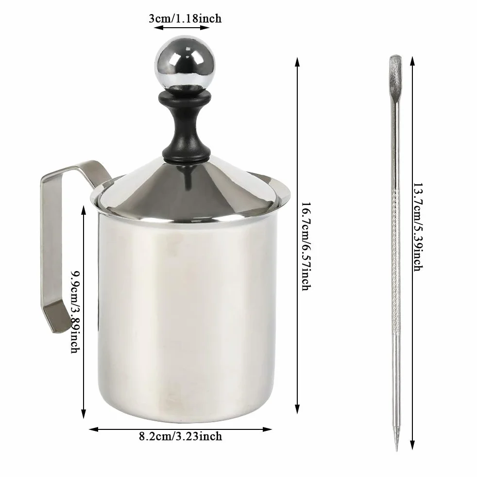 FOCCTS Spieniacz do mleka ze stali nierdzewnej, 500 ml, podwójna siatka, ręczny, srebrny, cappuccino