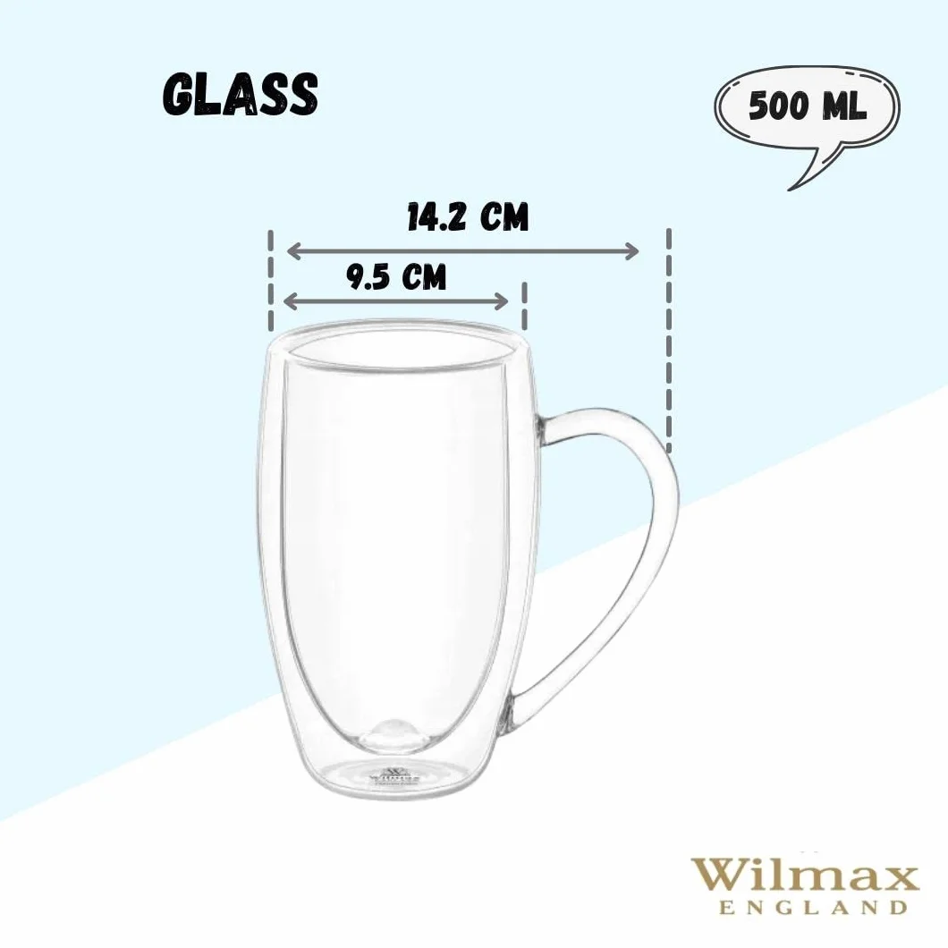 Wilmax szklanki termiczne z podwójnymi ściankami z uchwytem | zestaw 6 szklanek | 500 ml | zestaw szklanek do latte macchiato | szklanki do cappuccino z uchwytem | szklanki do kawy | szklanki do