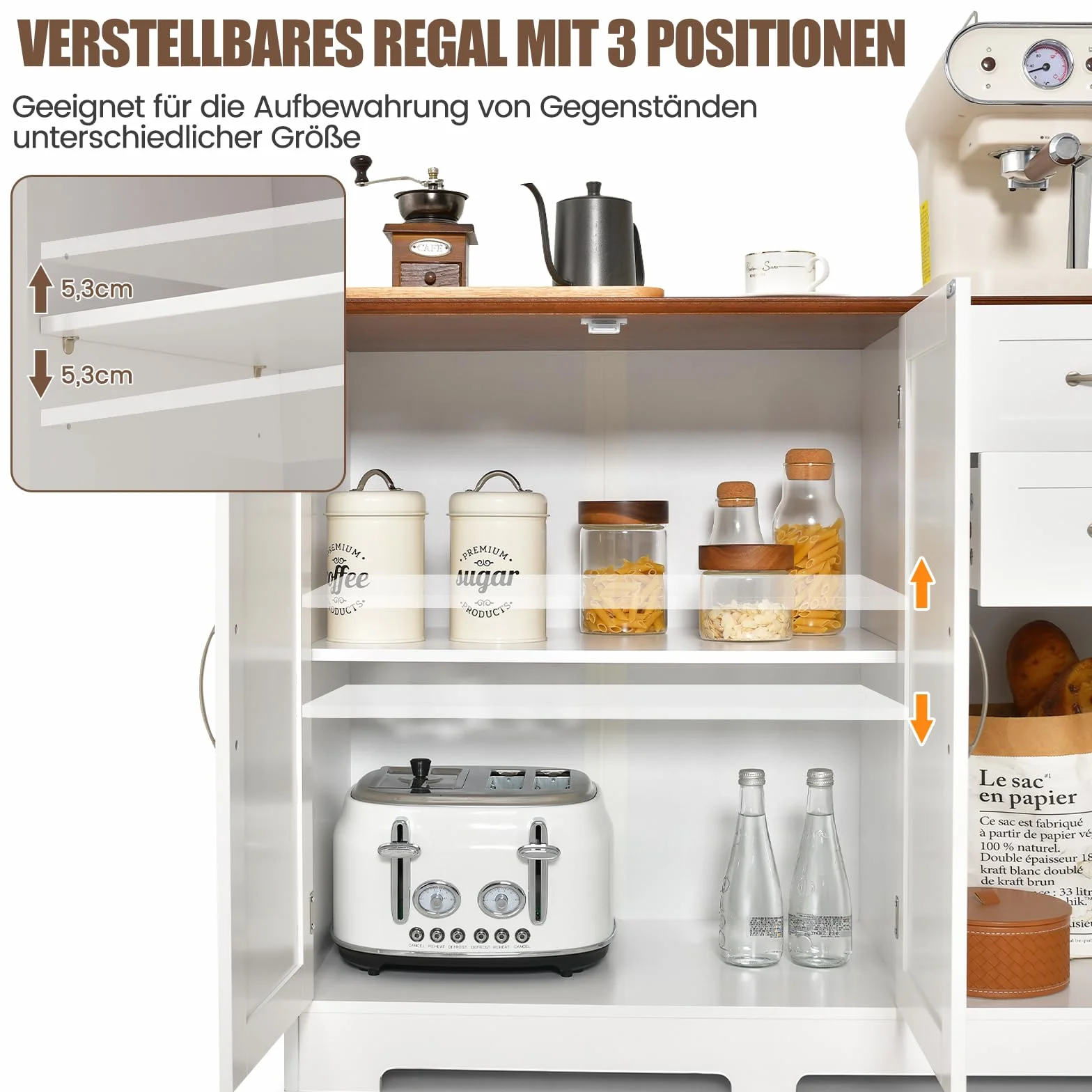 COSTWAY Kredens biały, szafka kuchenna z blatem roboczym 100 x 40 cm, szafka bufetowa z drzwiami i szufladami oraz regulowanymi półkami, wyspa kuchenna do kuchni, jadalni, JV11059WHDE