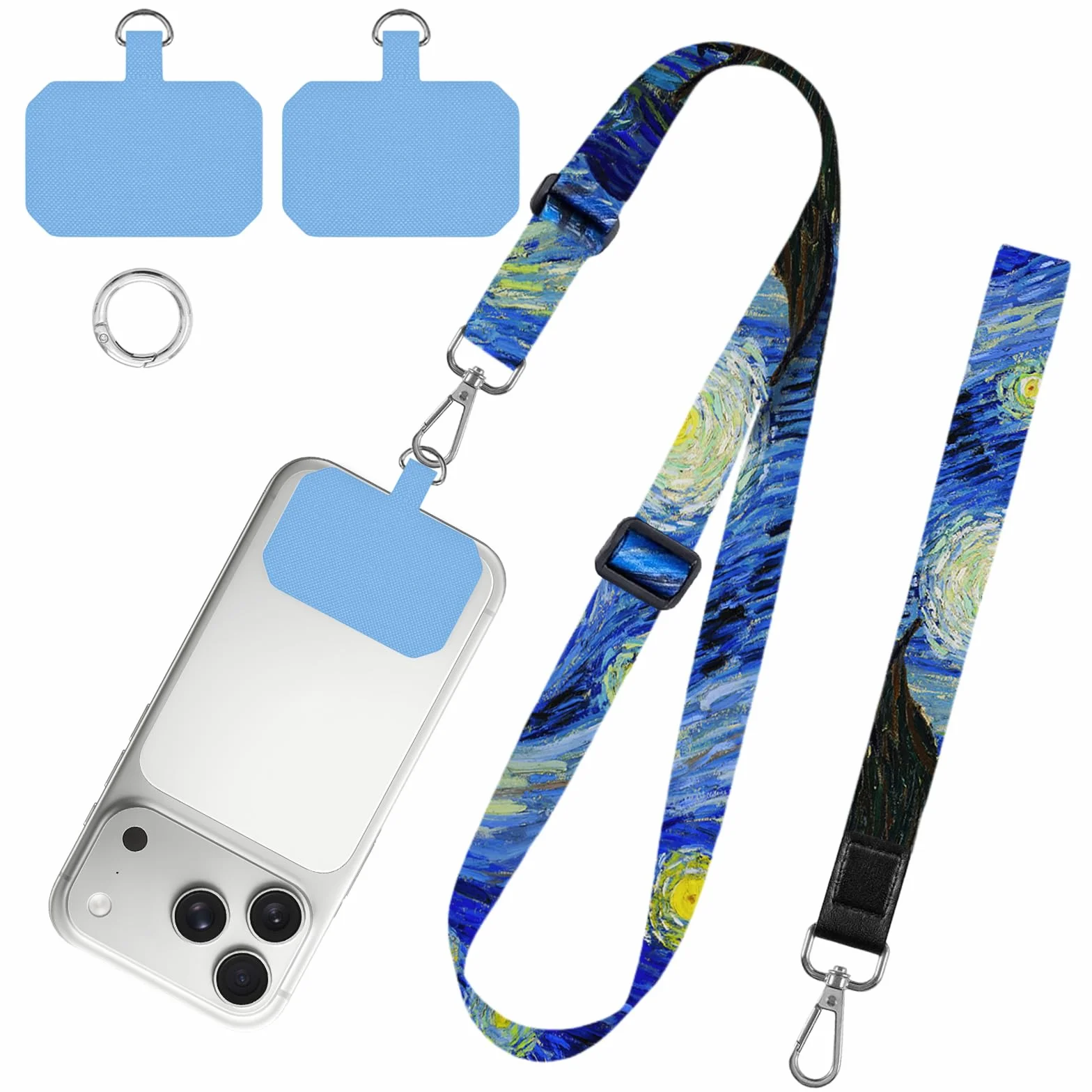 flintronic Smycz do telefonu komórkowego, regulowana smycz z 4 naszywkami, regulowany, uniwersalny pasek do telefonu komórkowego, pasek na szyję, Crossbody, pasek na nadgarstek, kompatybilna z