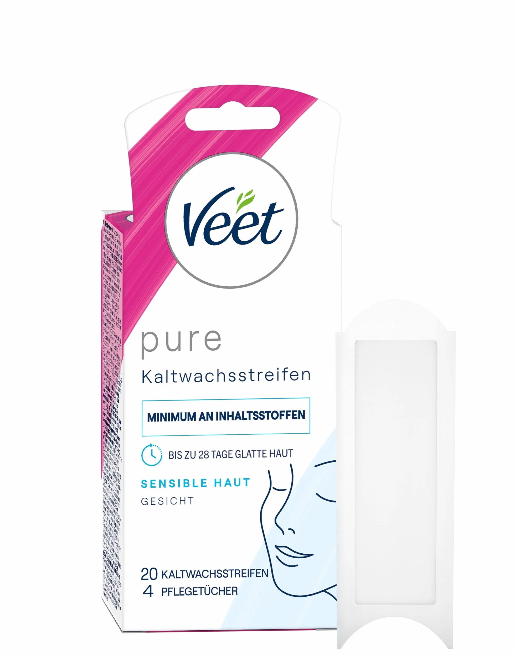 Veet Pure paski z zimnego wosku – odpowiednie do skóry wrażliwej – do twarzy – gładka skóra do 28 dni – 10 podwójnych pasków = 20 pojedynczych pasków