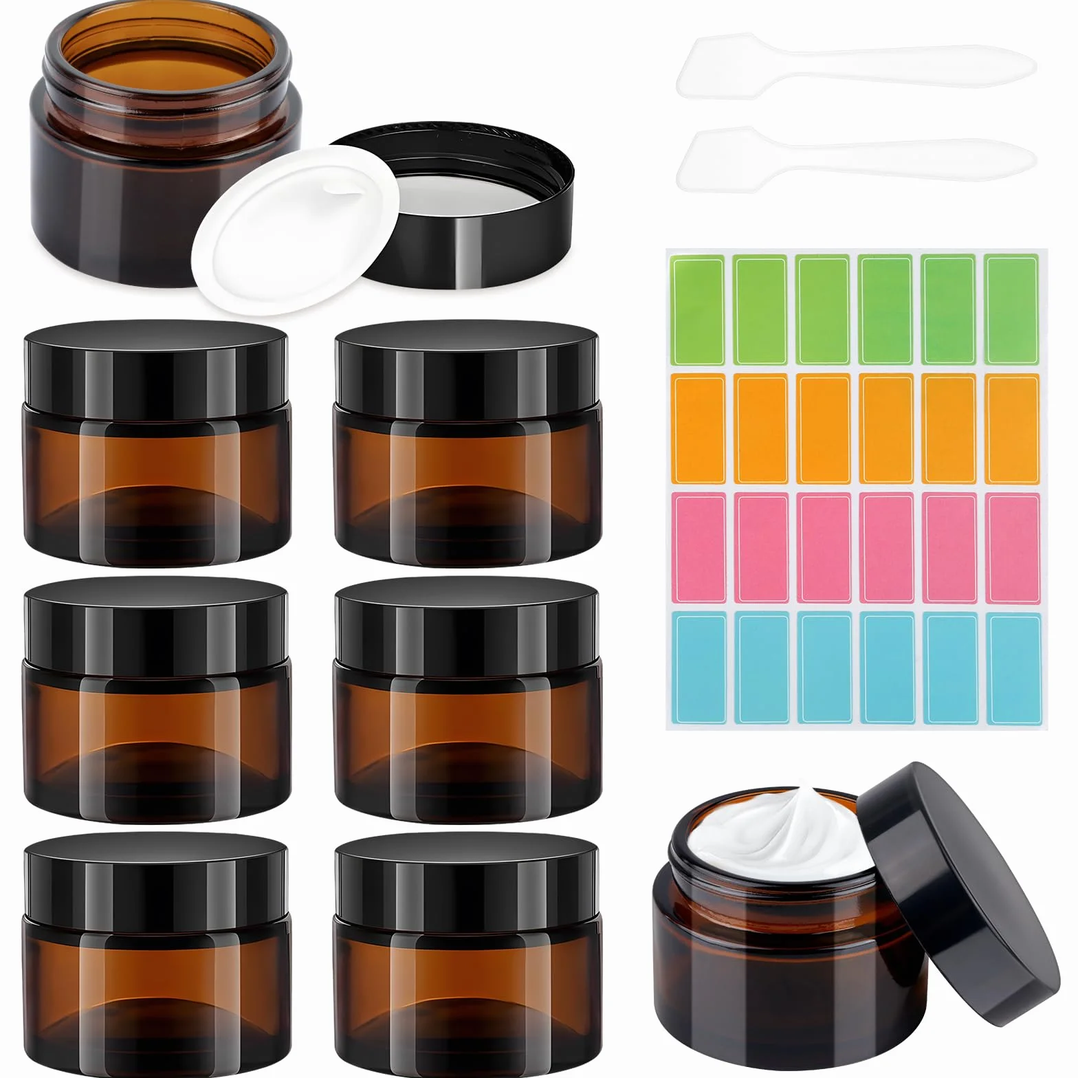 8 sztuk szklanych pojemników z bursztynu, puste puszki, do napełniania naklejkami i 2 szpatułkami, szklane słoiki z pokrywkami, słoiczek na maść 50 ml na balsamy, kremy, olejki eteryczne
