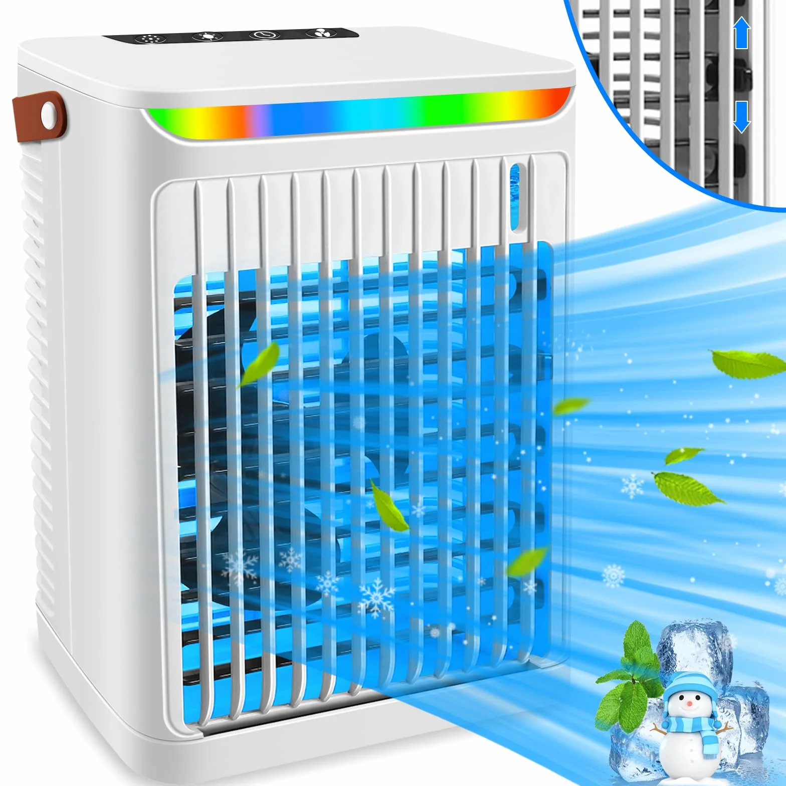 Przenośny mini klimatyzator 5 w 1 z 5 prędkościami nawiewu, 2 mgiełkami, timerem 2/4/6 H i LED, biały