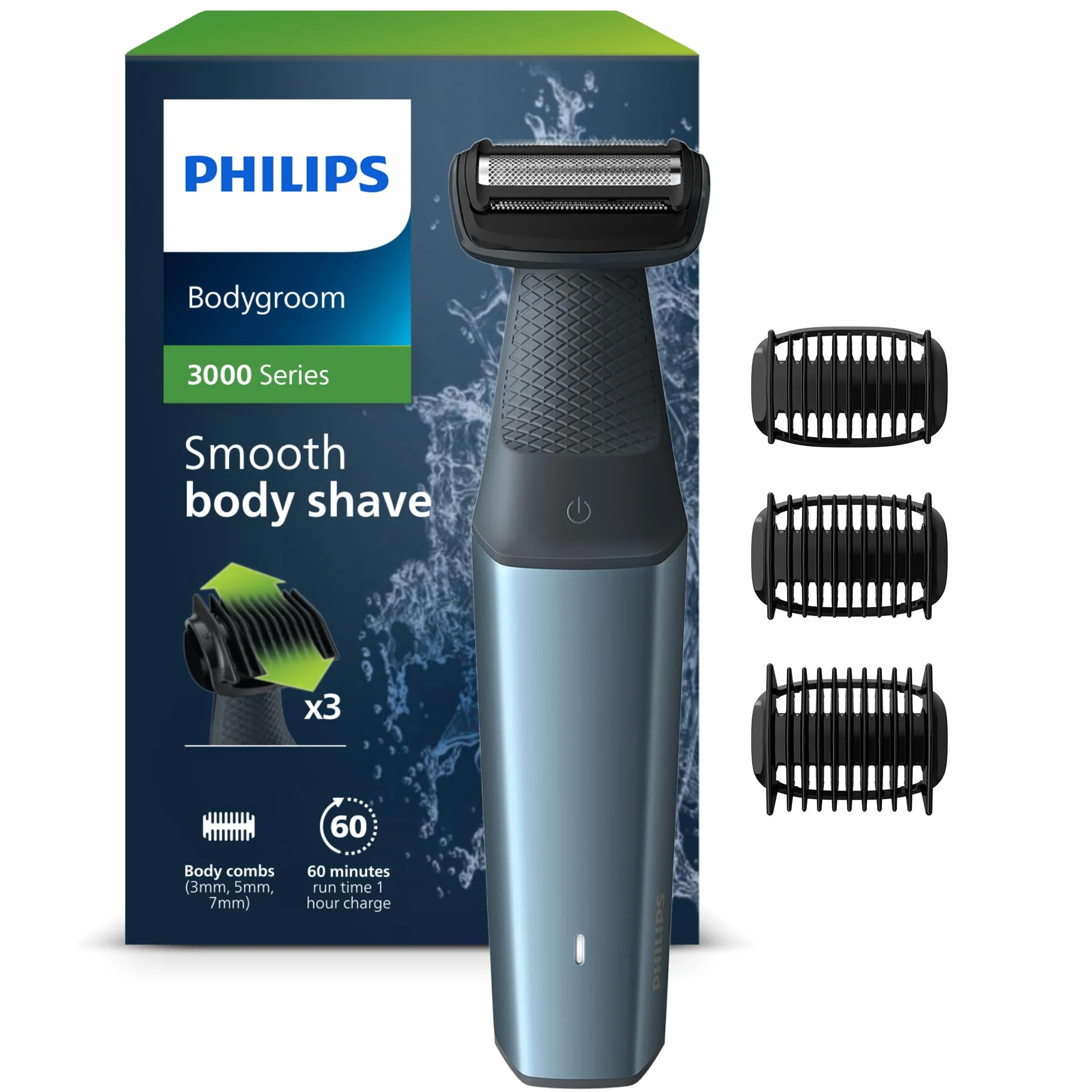 Philips Bodygroom 3000, Trymer do Pachwin i Ciała z Możliwością Użytkowania pod Prysznicem, Dokładne i Wygodne Golenie, Pielęgnacja Całego Ciała, 60 Min. Czas Pracy, Model Bg3027/03