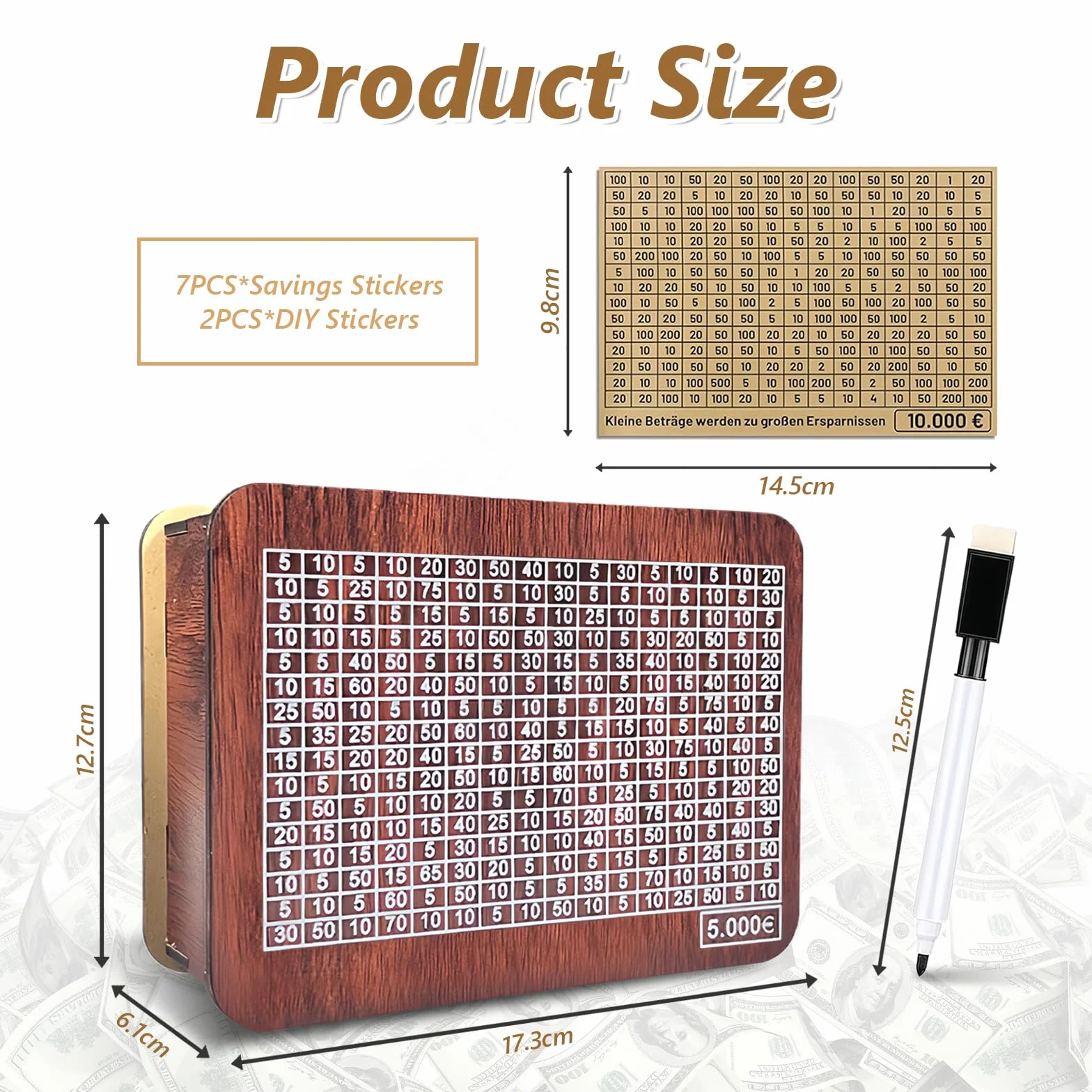 Flintronic Drewniana skarbonka w stylu retro z licznikiem i bramką oszczędnościową, skarbonka wielokrotnego użytku z różnymi ilościami naklejek dla dorosłych i dzieci