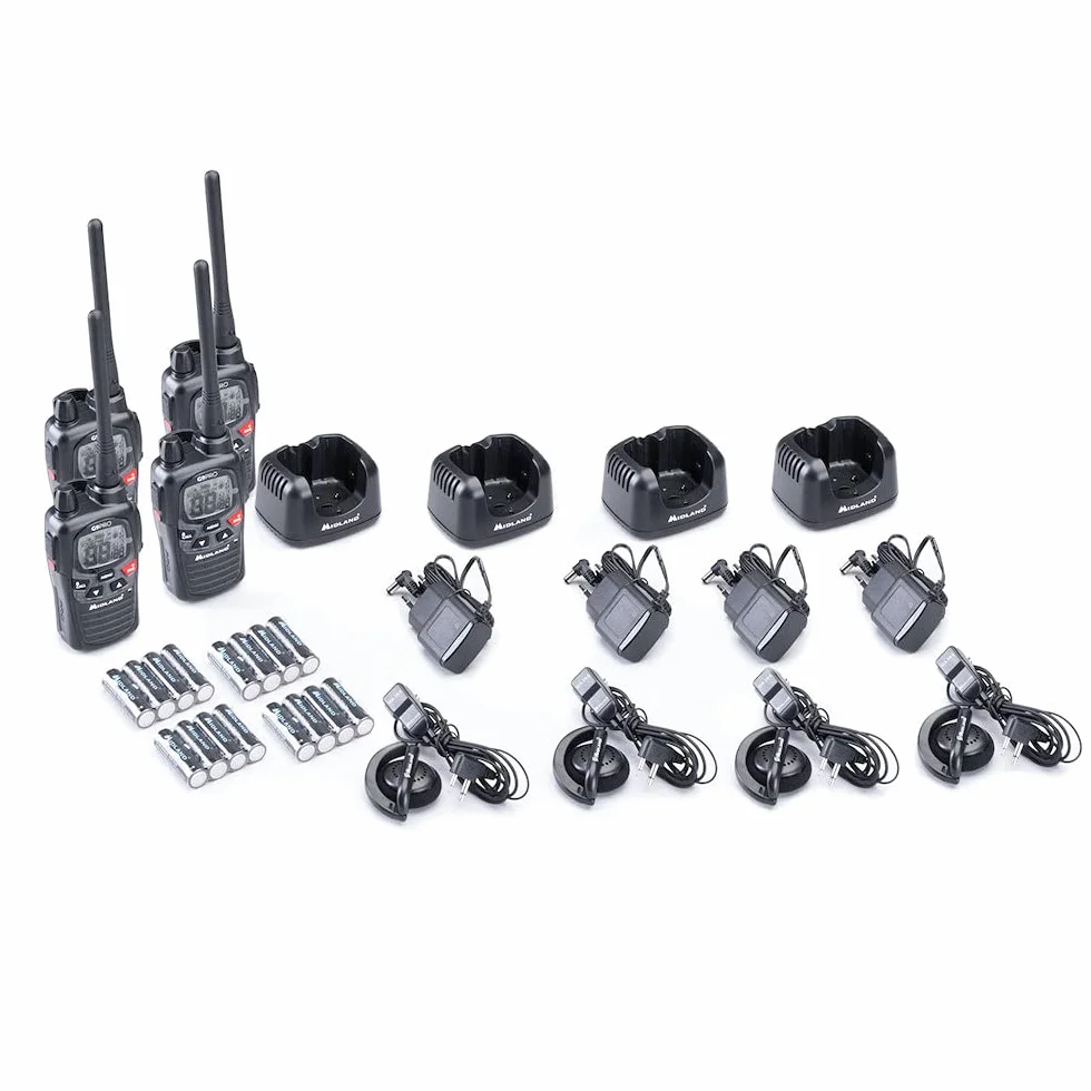 Midland G9 Pro C1385.05 zestaw 4 urządzeń radiowych, 4 x krótkofalówki, wodoszczelne i z przyciskiem awaryjnym, wysoka jakość o bardzo dużej mocy nadawania, czarny, zestaw 4 walizek G9 Pro