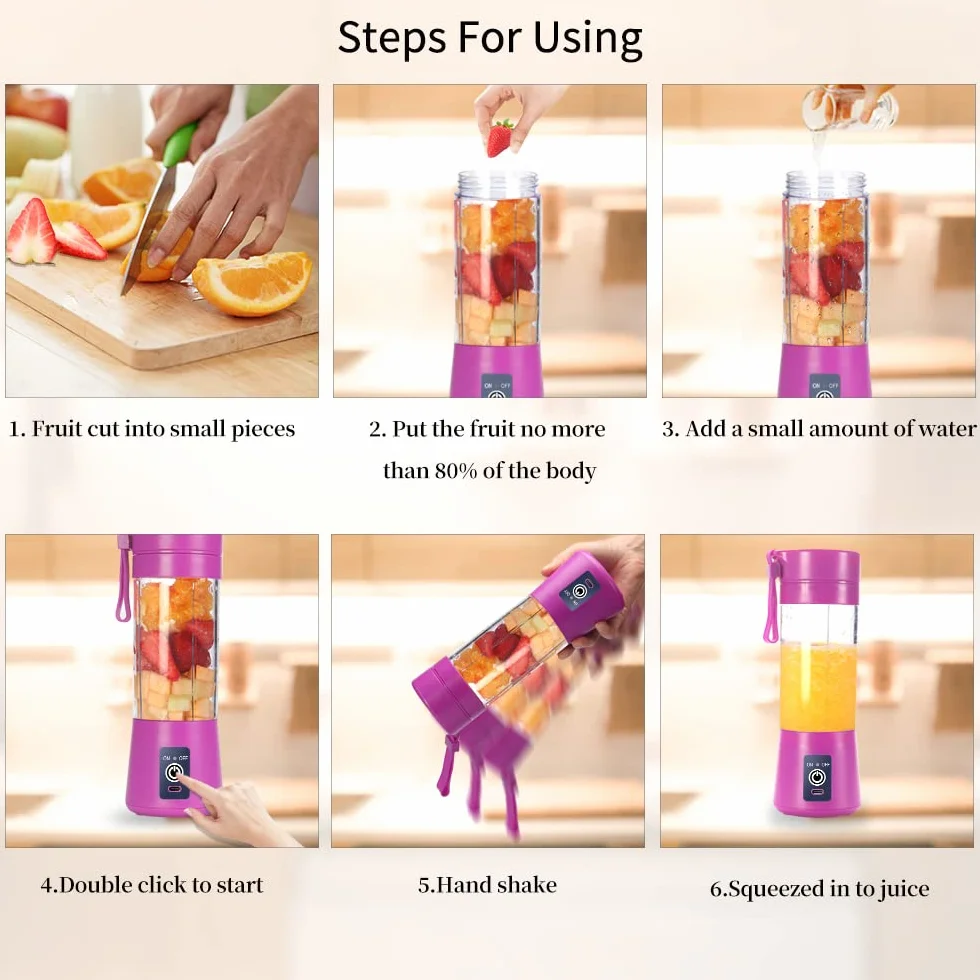 Przenośny blender 380 ml USB ładowany 6 ostrzy podróżny do smoothie fioletowy
