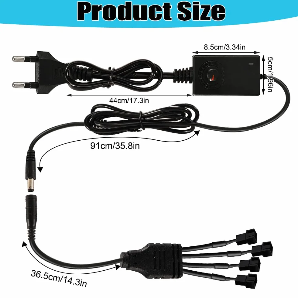 4-pinowe sterowanie wentylatorem PWM z kablem rozgałęźnikowym 1 na 4 - kontroler wentylatorów, regulator PWM - 100–240V AC do 3–12V DC, ręczna regulacja prędkości dla PC, urządzeń