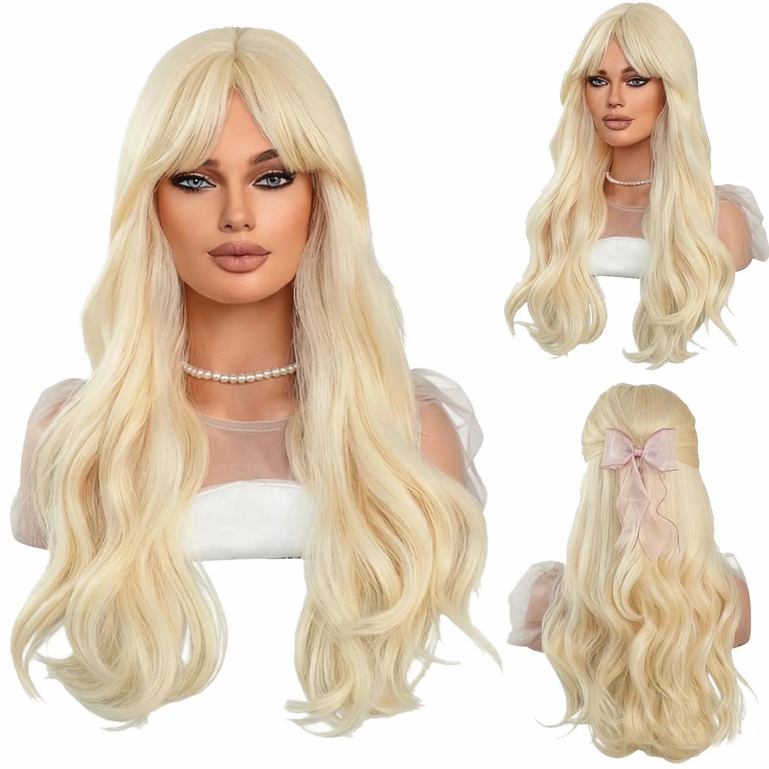 Długa blond falowana peruka dla kobiet i kobiet, kręcone, syntetyczne włosy, peruka do cosplay, długie, falowane, kręcone włosy, kończy się z grzywką, dla kobiet, na imprezę, pełne peruki, na