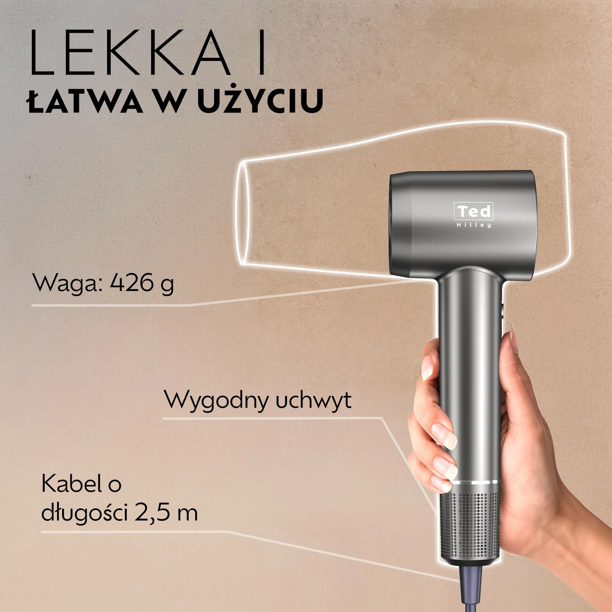 Ionic Fohn suszarka do włosów - 5 x szybsze suszenie - bez kłaczków, błyszcząca, większa objętość - wyświetlacz - 10 trybów - koncentrator magnetyczny [Best Fohn 2026] (Hair Dryer without Diffuser