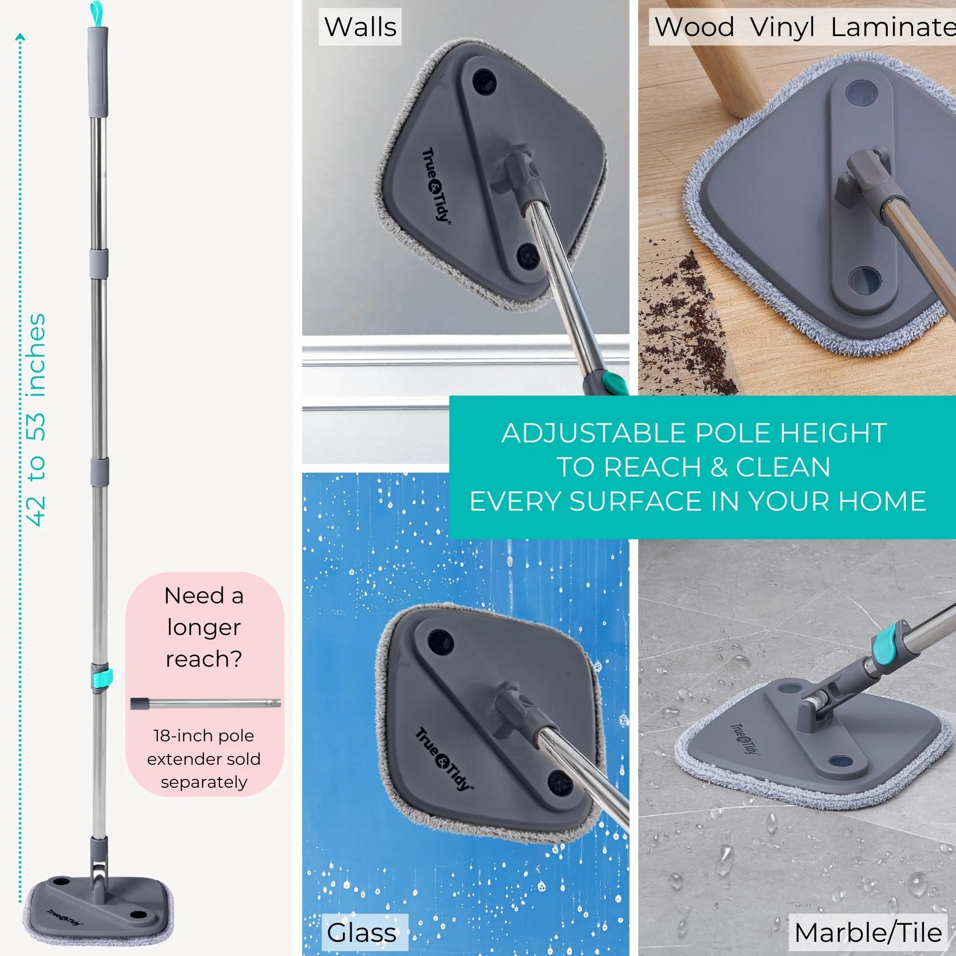 True & Tidy, True Clean Spin Mop i system wiadra, zawiera mop obrotowy, dwukomorowe wiadro do mopa i 2 grube zmywalne podkładki do mopa z mikrofibry, SPIN-800A, szary.