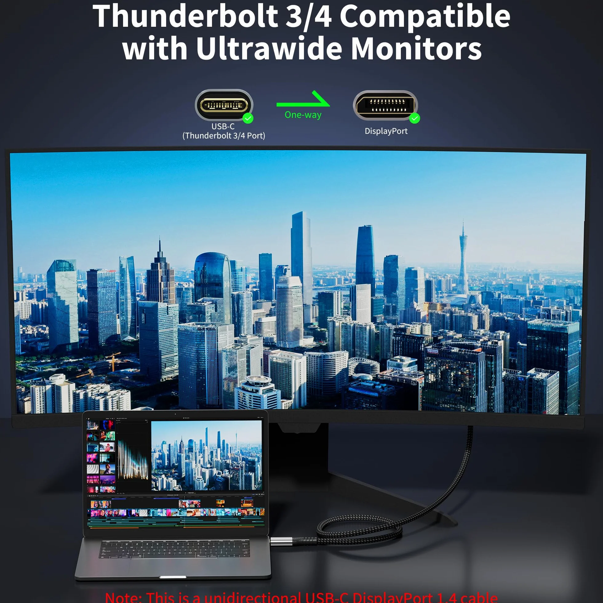 Kabel USB-C do DisplayPort 1,4,1 m 8K, 60 Hz/30 Hz, 4K, 240 Hz/144 Hz, HDR, VRR, Thunderbolt 4/3 DP1.4, kompatybilny z iPhone 17 Pro/17 Pro Max/16/15, MacBook Pro/Air, Mac, iPad Pro/Air 5, Surface Pro