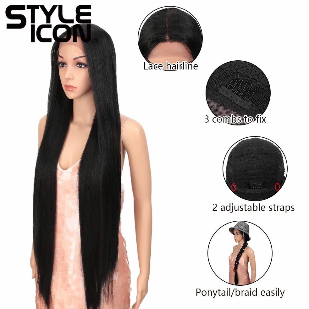 Style Icon Peruka 96,5 cm, bardzo długa, prosta koronka z przodu dla kobiet, syntetyczna koronka z przodu, środkowy przedziałek, peruka koronkowa, 150% gęstości (1B)