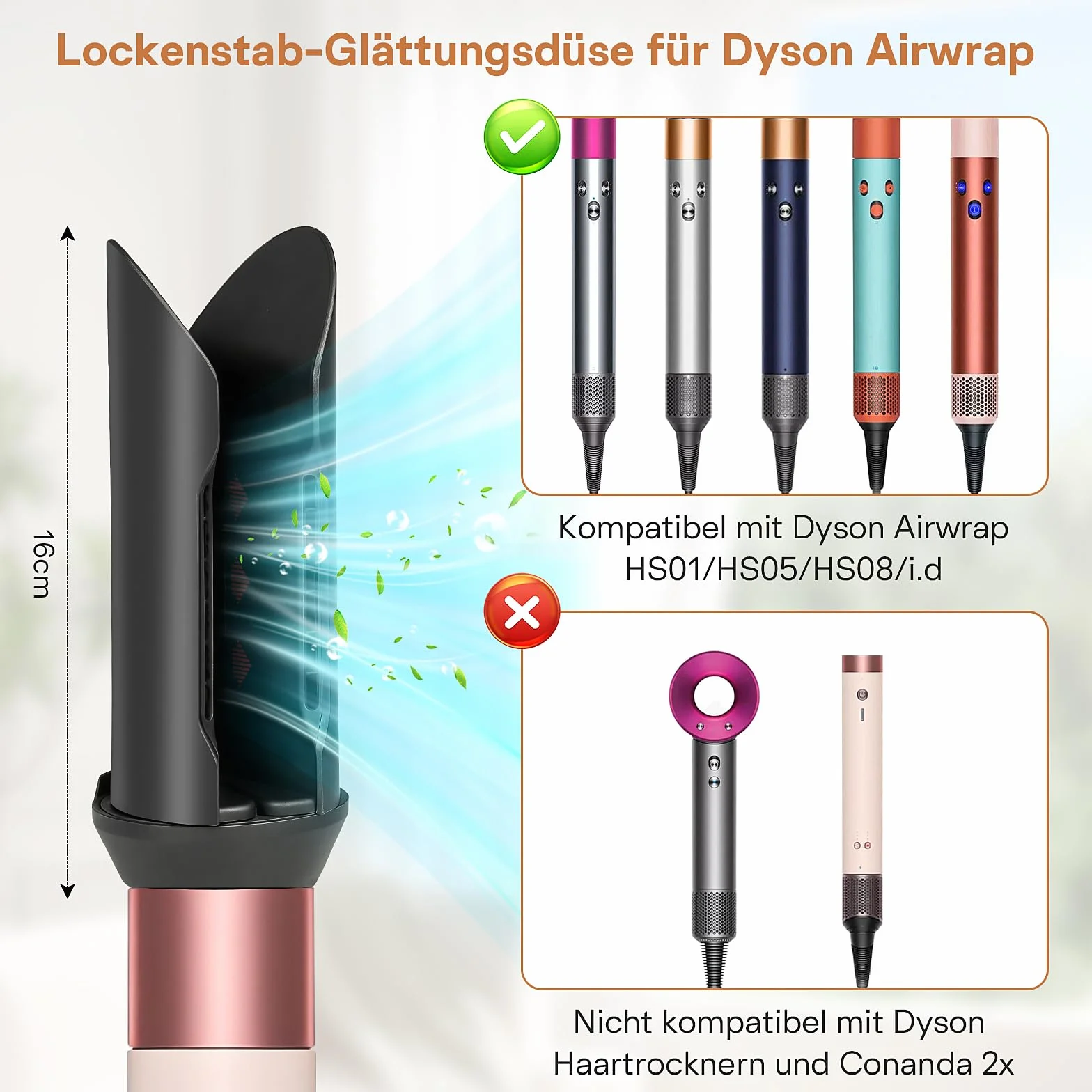 Dysza wygładzająca nasadka do Dyson Airwrap, wygładza wilgotne, kręcone włosy dla uzyskania gładkiego, błyszczącego efektu i przy tym redukuje puszenie się. Kompatybilny z modelami HS01, HS05 i HS08