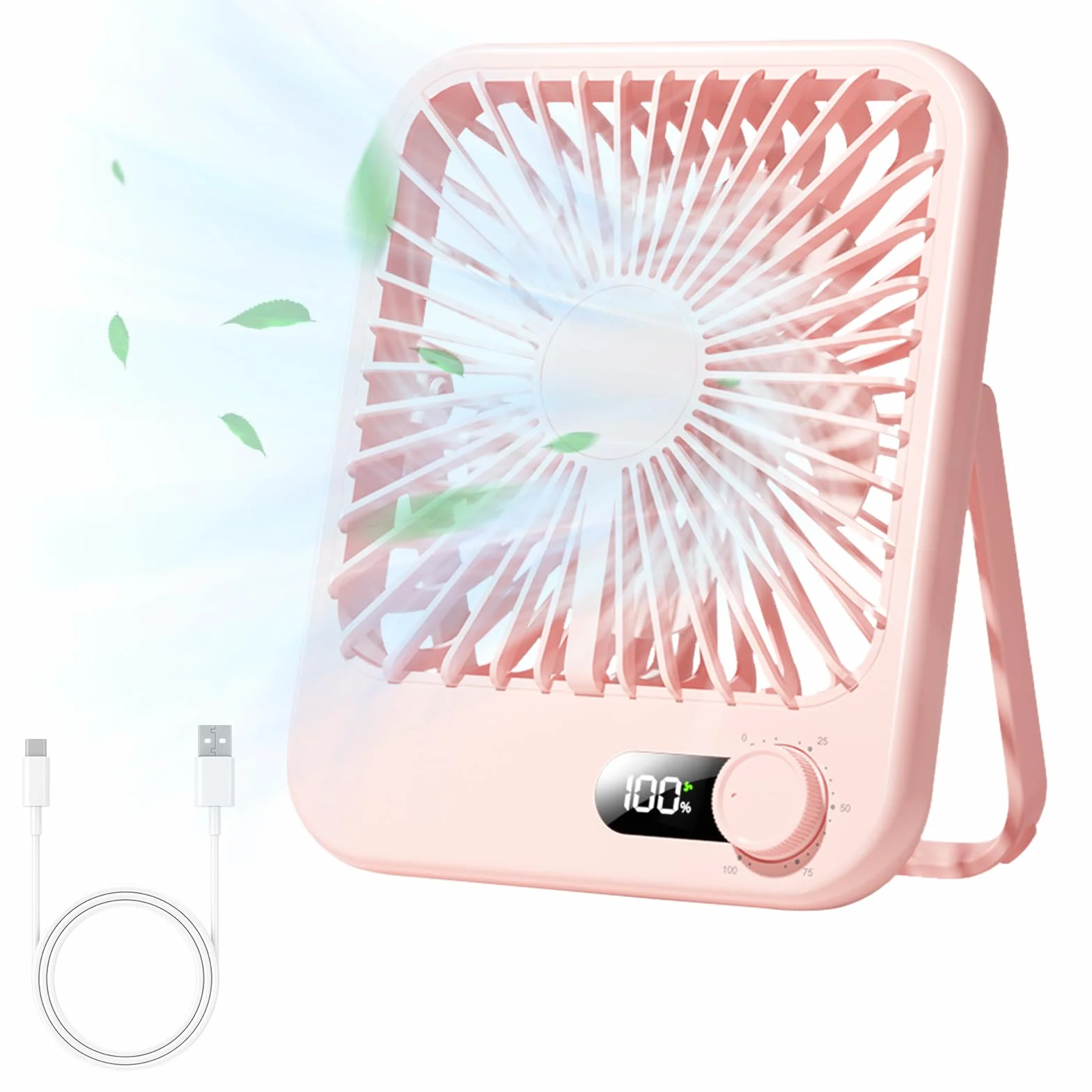 Collazoey Wentylator stołowy, cichy, do ładowania, 3000 mAh, USB, konwersja częstotliwości, regulacja 180°, do biura, biblioteki, sypialni, na kemping, różowy