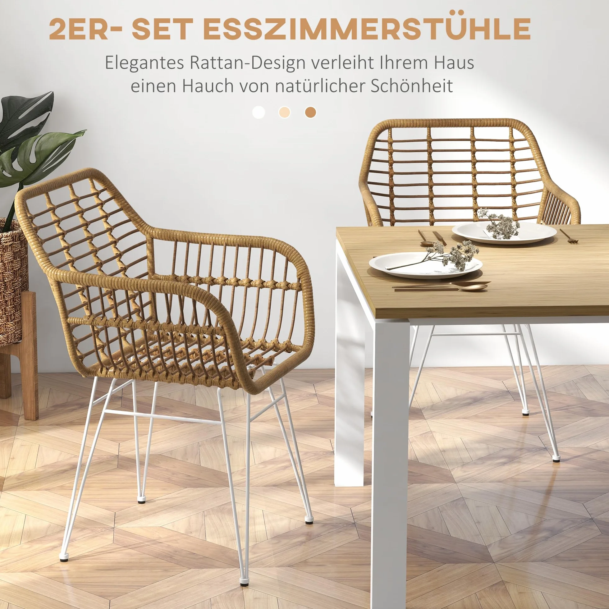 HOMCOM Krzesła do jadalni zestaw 2 sztuk, imitacja rattanu, stalowe nogi, boho, jasnobrązowe