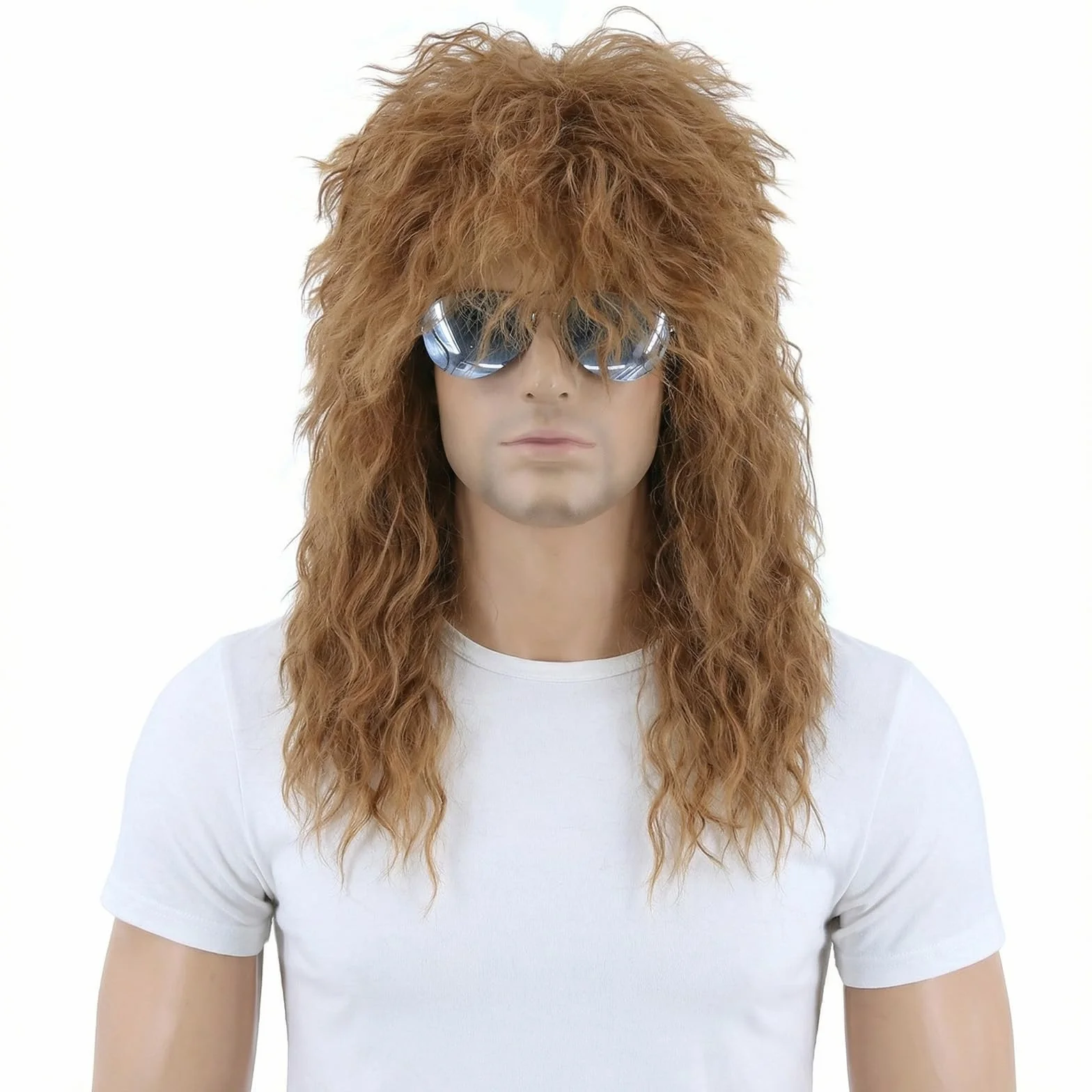 Męska peruka w stylu lat 80., czarna, rockowa, kręcona, długa, naturalna, warstwowa, na Halloween, karnawał, Cosplay, kolor złotobrązowy