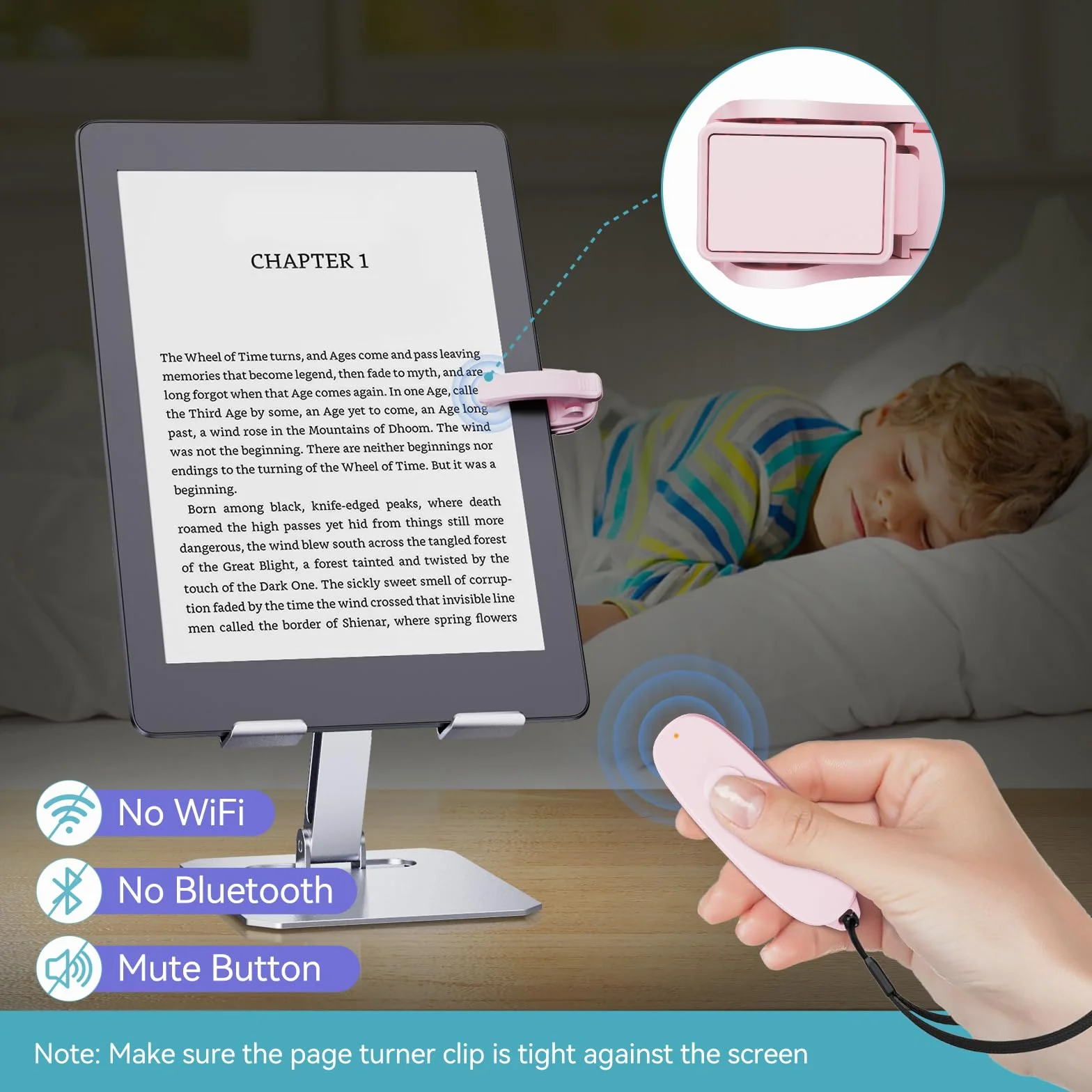Zdalne sterowanie RF, przewracacz stron do Kindle z ładowaniem USB-C, klips A i B, wskaźnik LED, odporny na odciski palców, długi czas czuwania dla czytników e-booków — łatwa obsługa jedną ręką różowy