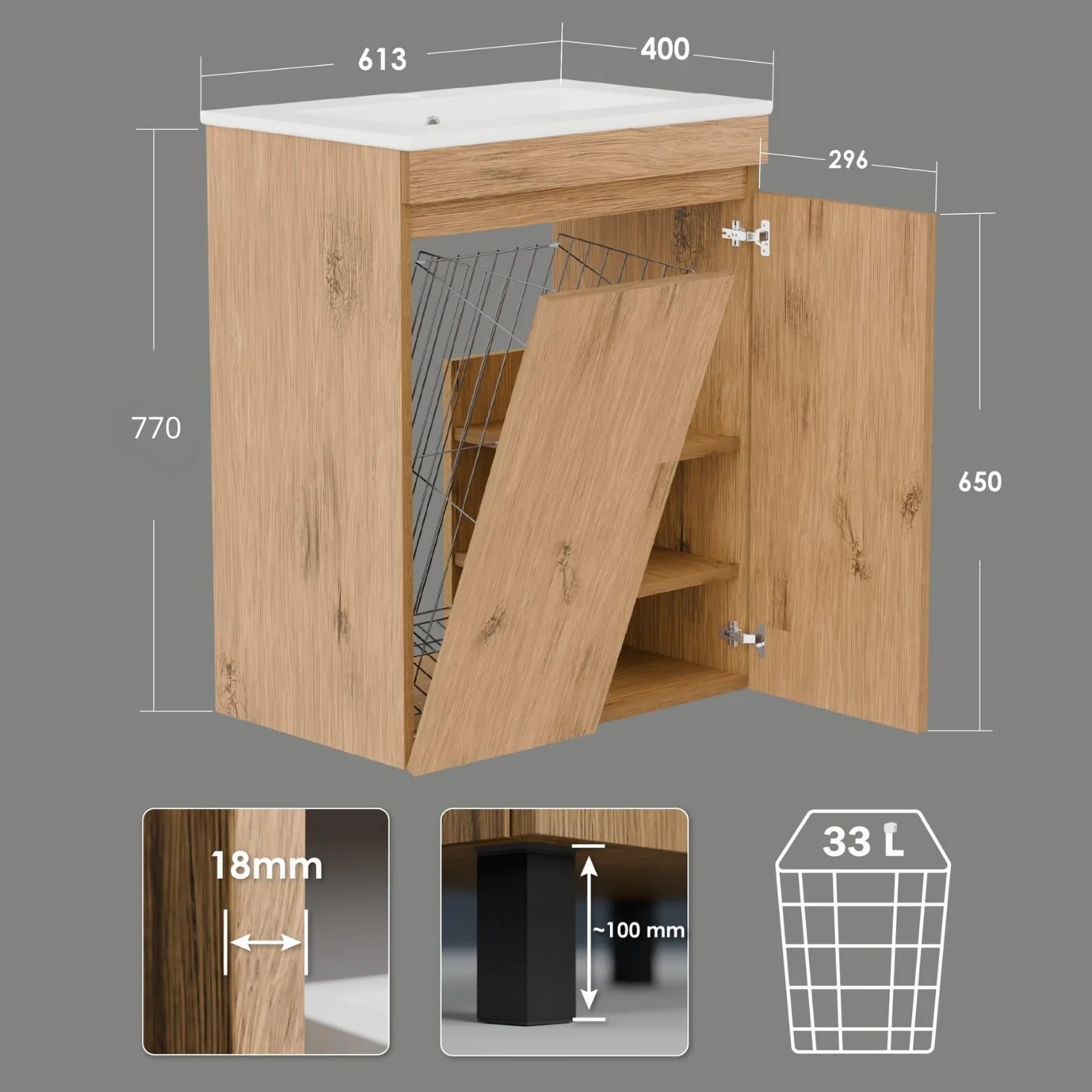 Ribera umywalka z szafką pod umywalkę 60 cm, wisząca lub stojąca, do łazienki, z miękkim zamknięciem, kosz na pranie, zestaw mebli łazienkowych z umywalką, dodatkowe półki (dąb Lancelot, 60)