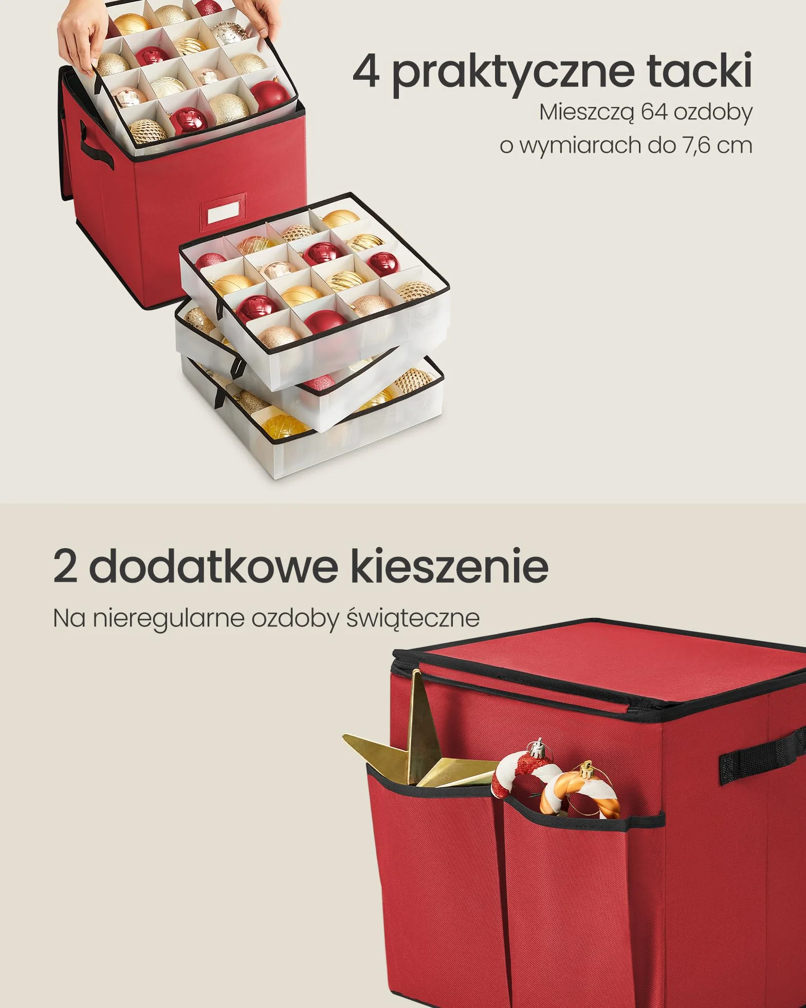 SONGMICS Pudełko na ozdoby świąteczne z pokrywką, z podwójnym zamkiem błyskawicznym, tacki z tworzywa PP, tkanina Oxford, 64 przegródki (po 7,6 cm), wiśniowo-czerwony RFB034R01