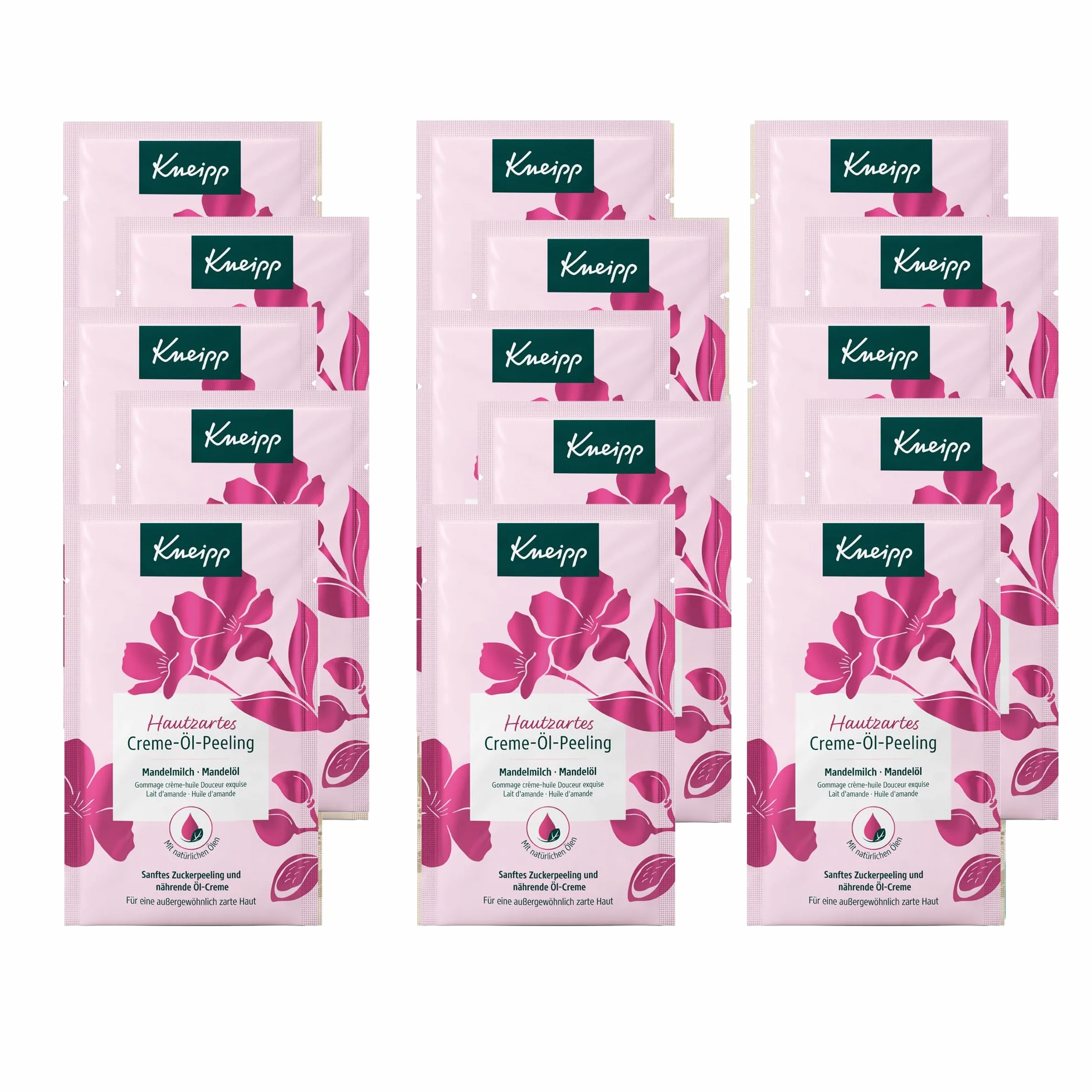 Kneipp Hautzartes peeling kremowo-olejkowy – peeling do ciała z cennym olejkiem migdałowym i delikatnymi kryształkami cukru – 15 x 40 ml