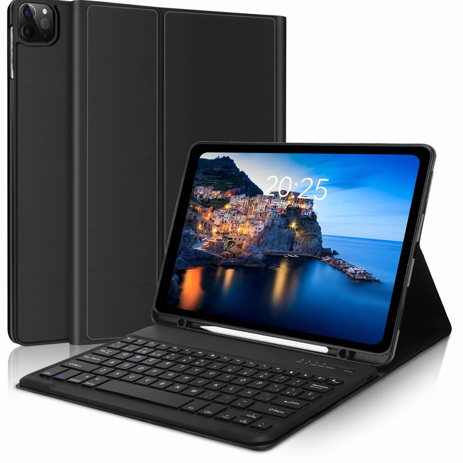 FOGARI Etui na klawiaturę iPad Pro 12,9 6. 2022/5th 2021/4. 2020/3rd Gen 2018, cienkie etui na laptopa z uchwytem na długopisy, hiszpańska bezprzewodowa odłączana klawiatura, czarny