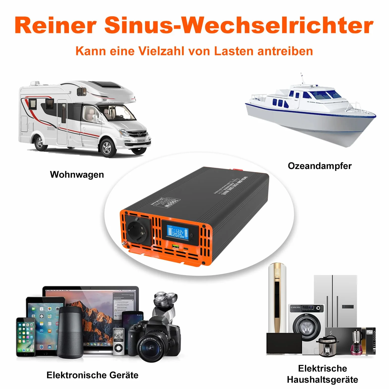 DATOUBOSS Przetwornica Samochodowa 12V 230V Czysty Sinus 2000W/4000W, Inwerter z Pilotem Zdalnego Sterowania i Wyświetlaczem LCD, 1× Gniazdo AC, 1× USB, 1× USB-C