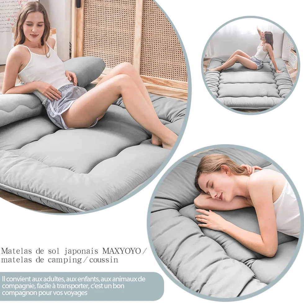 MAXYOYO Japoński materac podłogowy futon mata tatami składany zwijany rozmiar podwójny szary