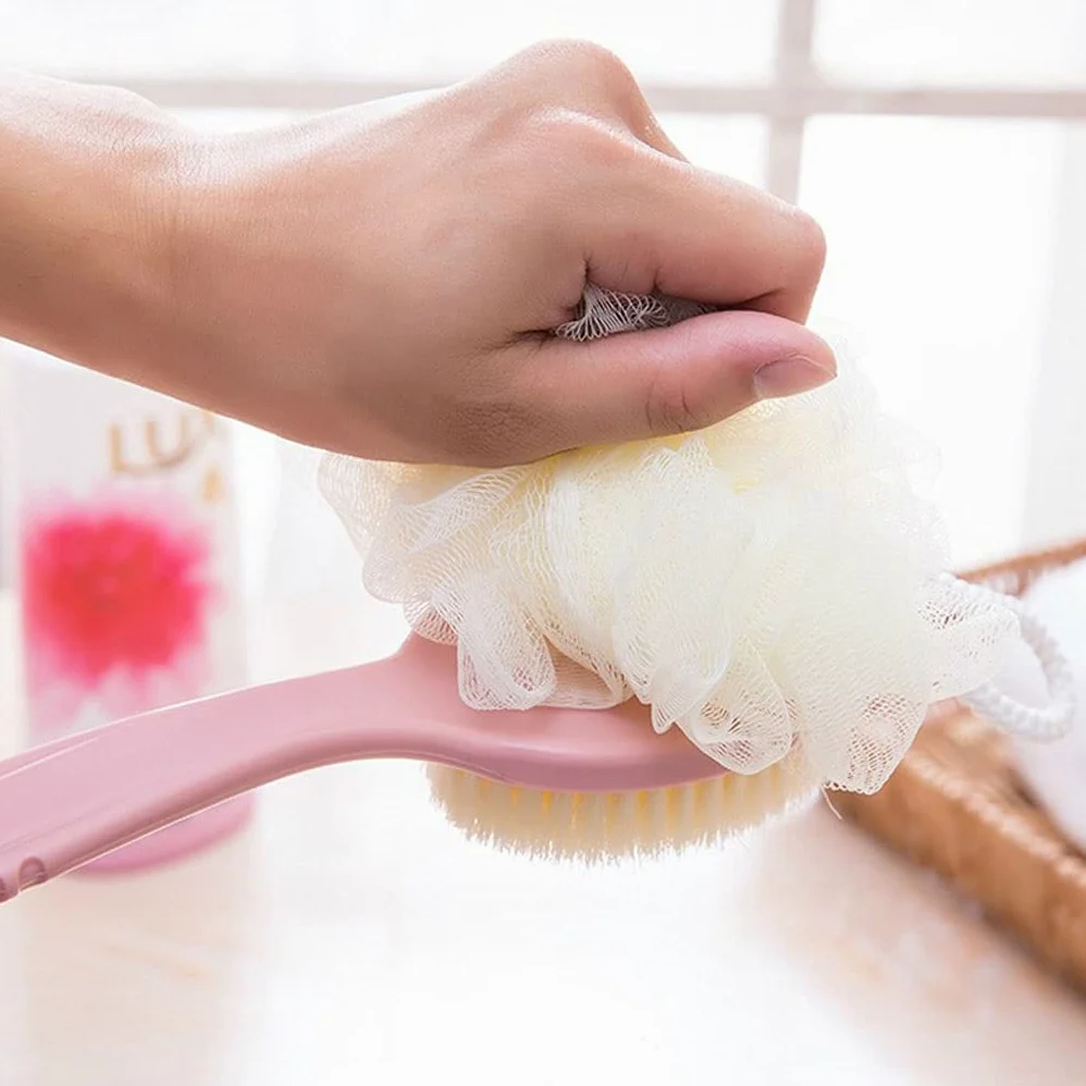 Ręcznik złuszczający Szczotka do ciała pod prysznic z włosiem i miękkim szorowaniem z tyłu Loofah Gąbka do kąpieli z zakrzywioną długą rączką Szczotka do złuszczającej kąpieli, Szczotka do c