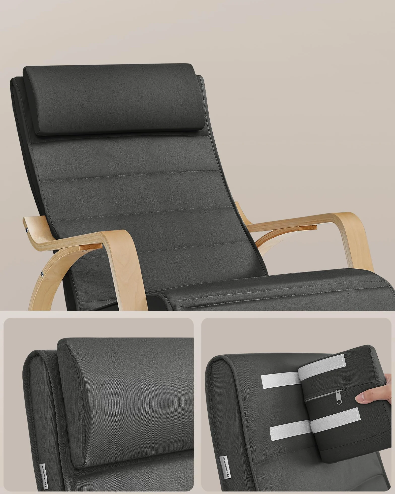 SONGMICS LYY10G fotel bujany, z podłokietnikami z drewna brzozowego, 5-stopniowa regulacja podnóżka, obciążenie do 150 kg, do sypialni, salonu, kolor ciemnoszary, naturalny