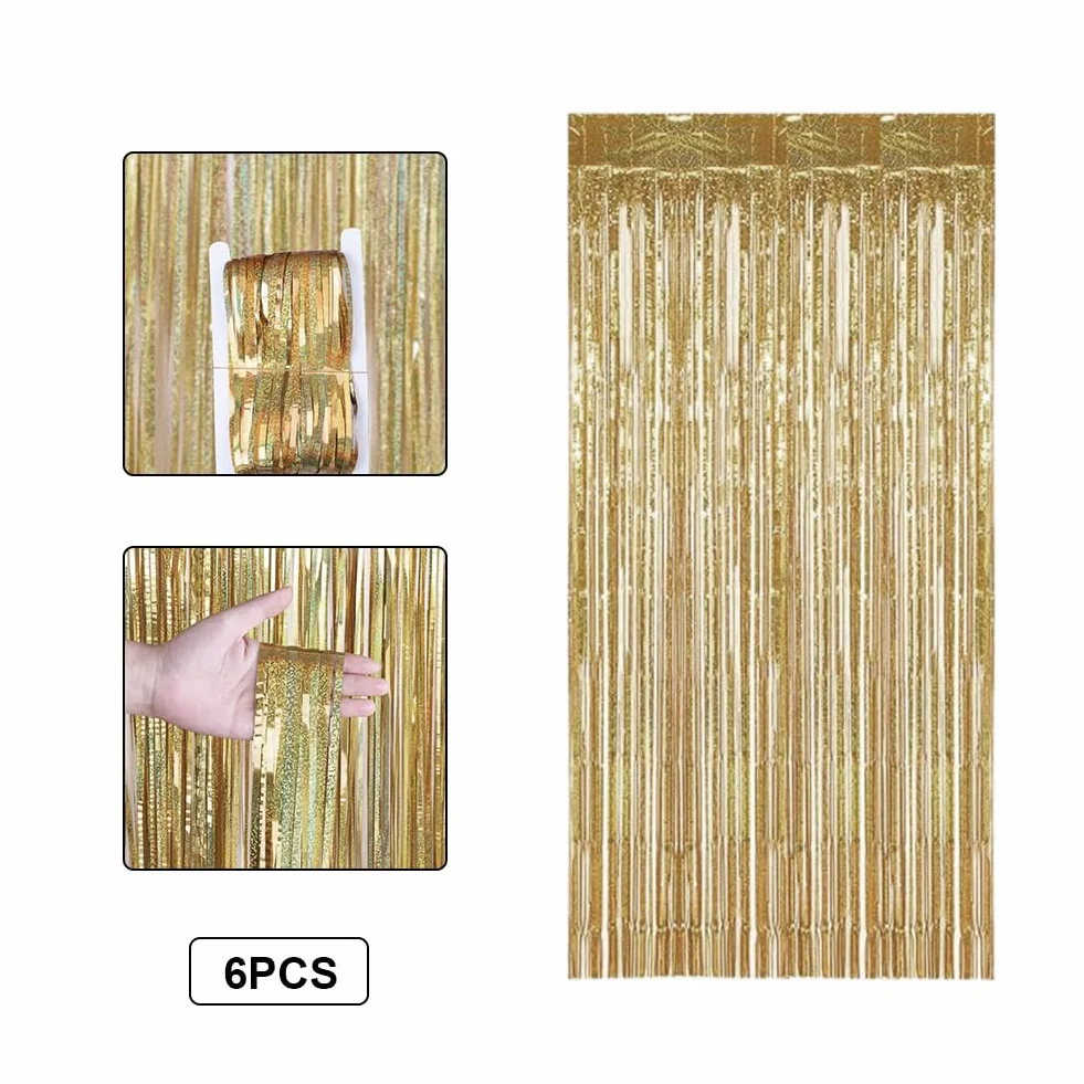 6 sztuk szampańskich i złotych lametek, 1 m x 2 m, zasłona z frędzlami, metaliczne lamety, zasłony brokatowe na urodziny, imprezę, wesele, Boże Narodzenie, Nowy Rok