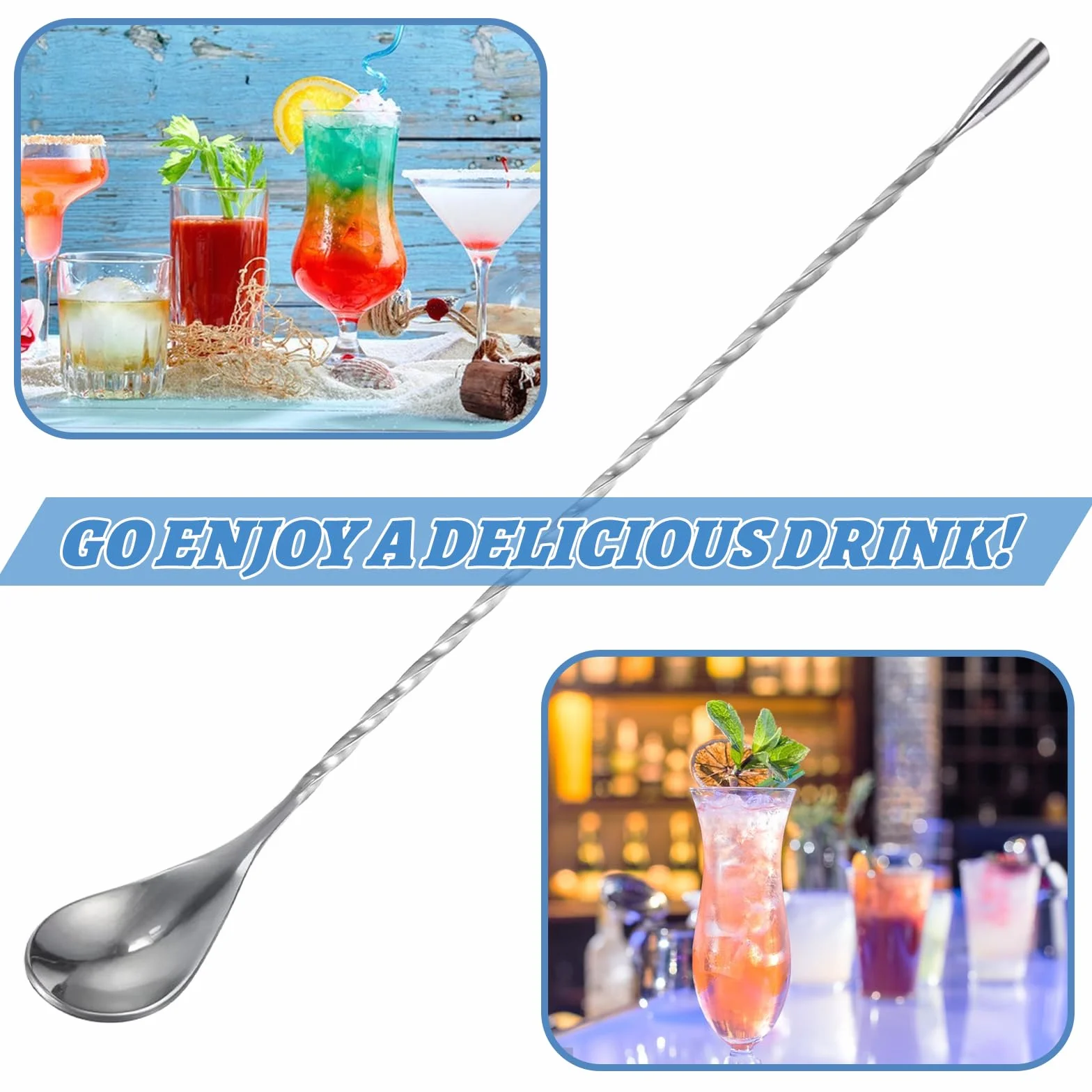 Ouligay 2 sztuki łyżek barowych, skręconych, 30 cm długości, ze stali nierdzewnej, łyżki do degustacji, wysokiej jakości spiralne łyżeczki do koktajli, kawy, pysznych drinków