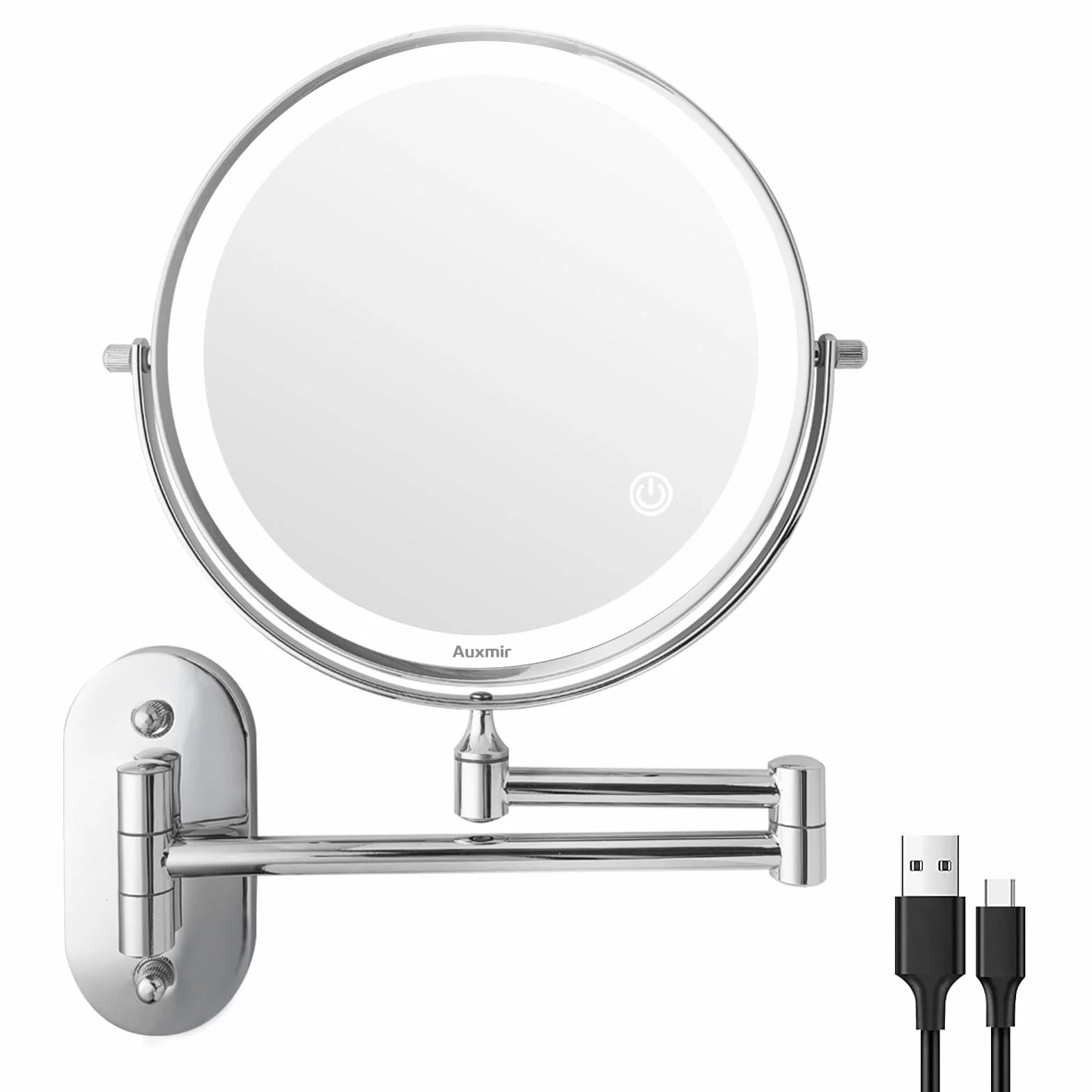 Auxmir Lusterko powiększające Ścienne X5, Lusterko do makijażu LED z 3 trybami kolorów, 1x5x powiększenie USB, ekran dotykowy, obrotowe i rozszerzalne do łazienek
