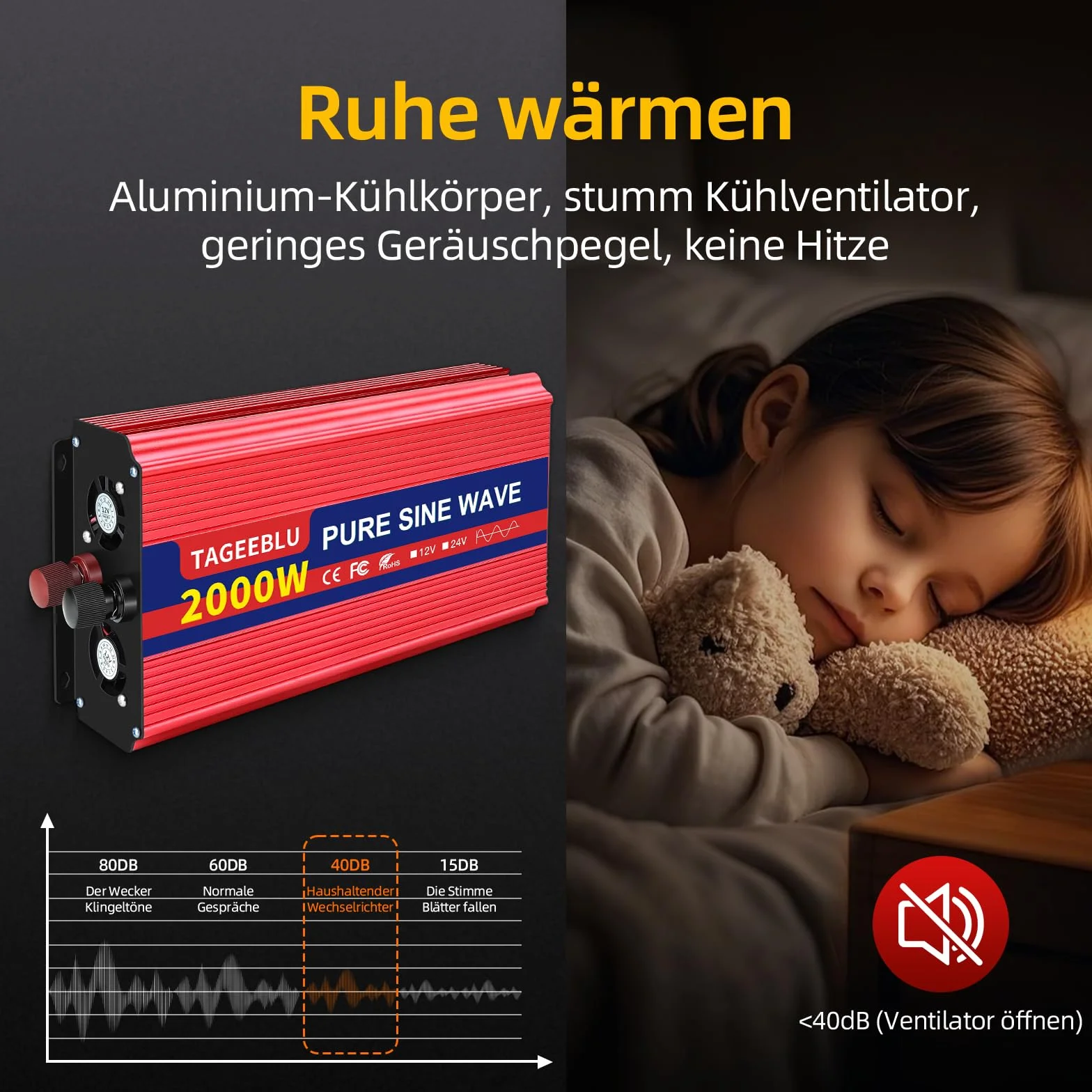 2000W Czysty falownik sinusoidalny DC 12V do AC 230V przetwornica napięcia, falownik do pojazdów z zaciskiem krokodylkowym, 1 gniazdo AC i wyświetlacz LCD