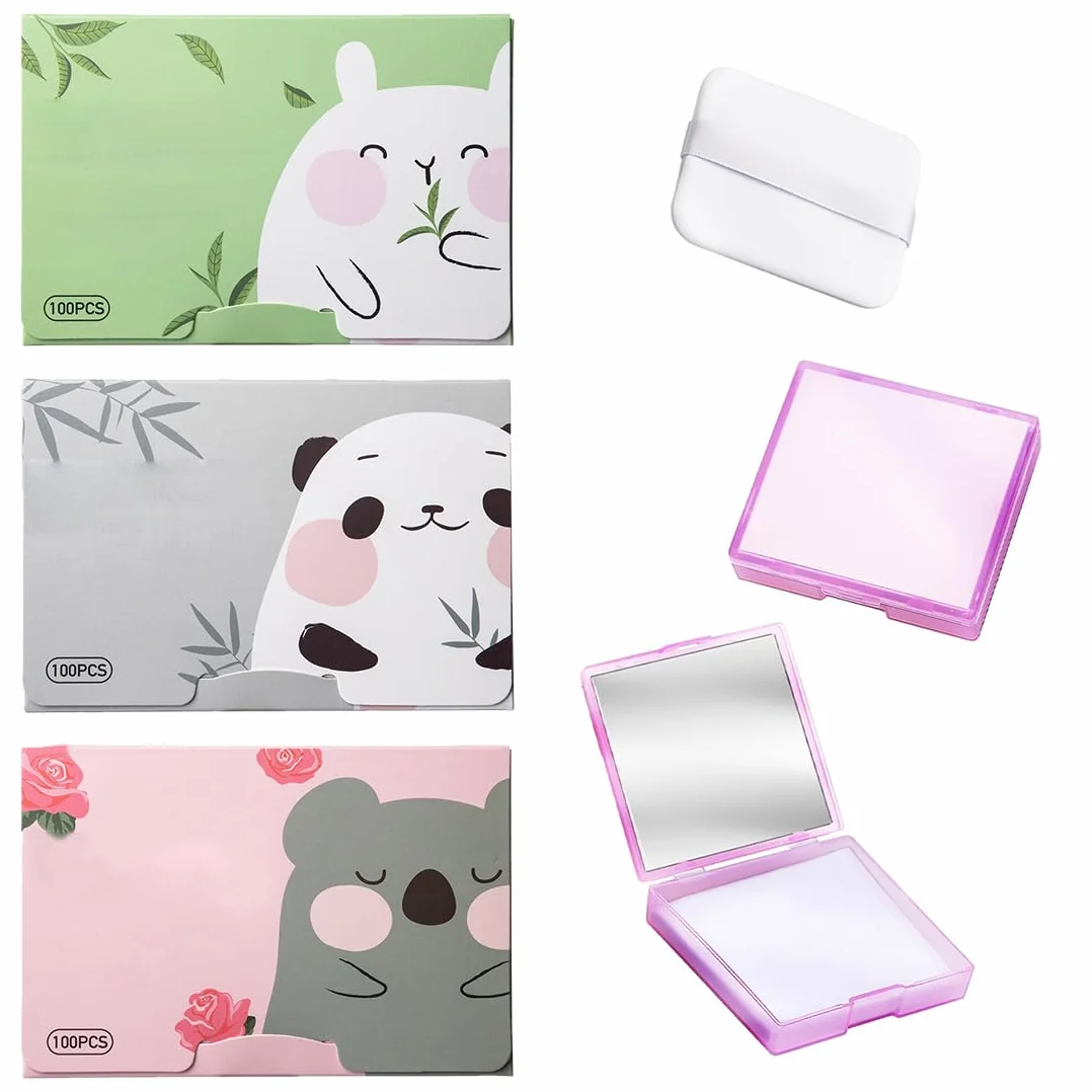 Zestaw 400 sztuk chłonnego papieru do twarzy, 3 opakowania blotting papier + 1 kompaktowe pudełko Puder z lustrem, arkusze matujące i pędzelek puder, papier do kontroli oleju do skóry tłustej