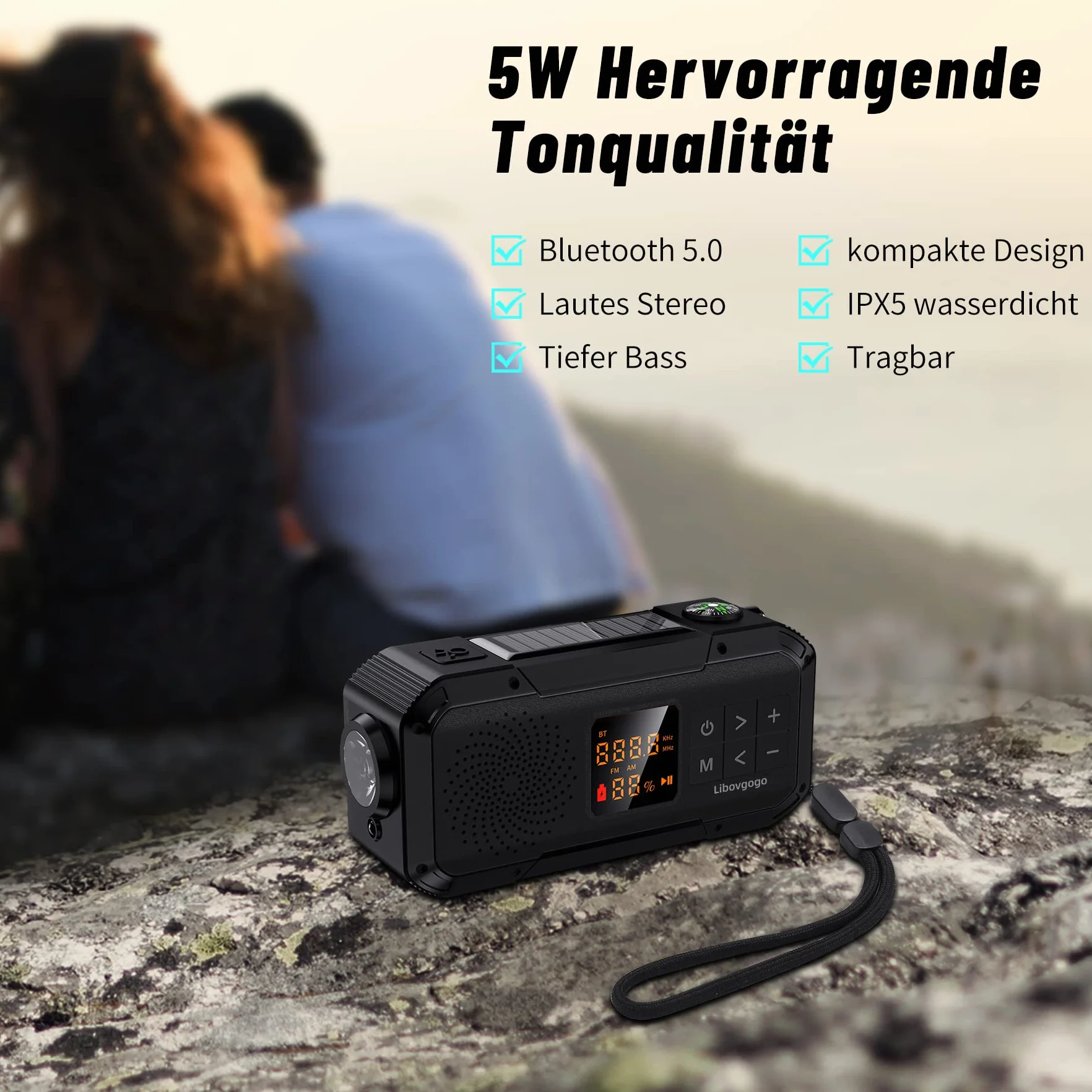 Libovgogo DF-589 małe radio awaryjne z korbą ręczną, wodoszczelny głośnik Bluetooth, przenośne cyfrowe radio AM FM z latarką, lampą błyskową, powerbank 2000 mAh, radio z korbą słoneczną, SOS