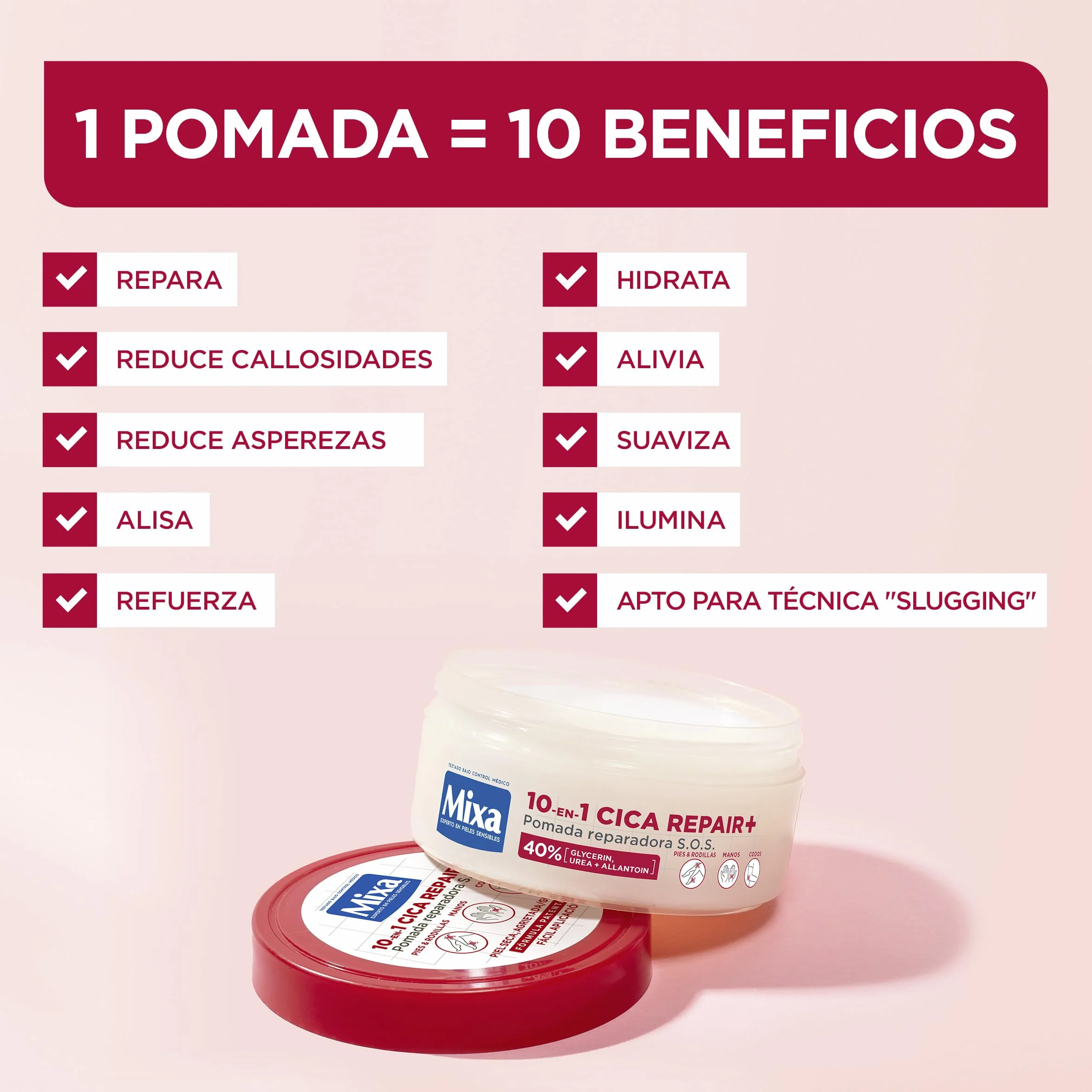 Mixa Cica Repair+ 10 w 1 Maść naprawcza S.O.S. Patentowana formuła 40% [gliceryna + mocznik + alantoina] Nadaje się do skóry suchej i pękniętej. Do stóp, kolan, dłoni i łokci. 150 ml