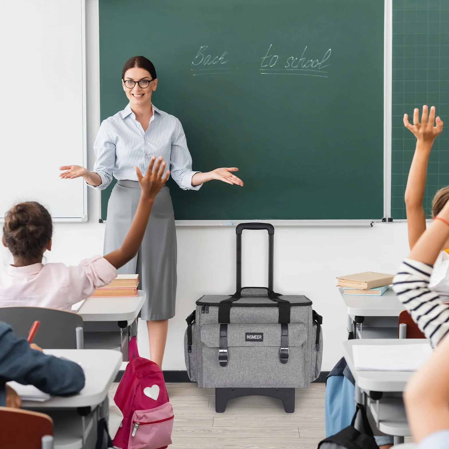 INSMEER Torba na ramię dla nauczyciela na kółkach z przegrodą na laptopa o przekątnej ekranu 15,6 cala z dodatkową torbą na lunch, torba na kółkach do nauczania, materiały biurowe i rzemieślnicze