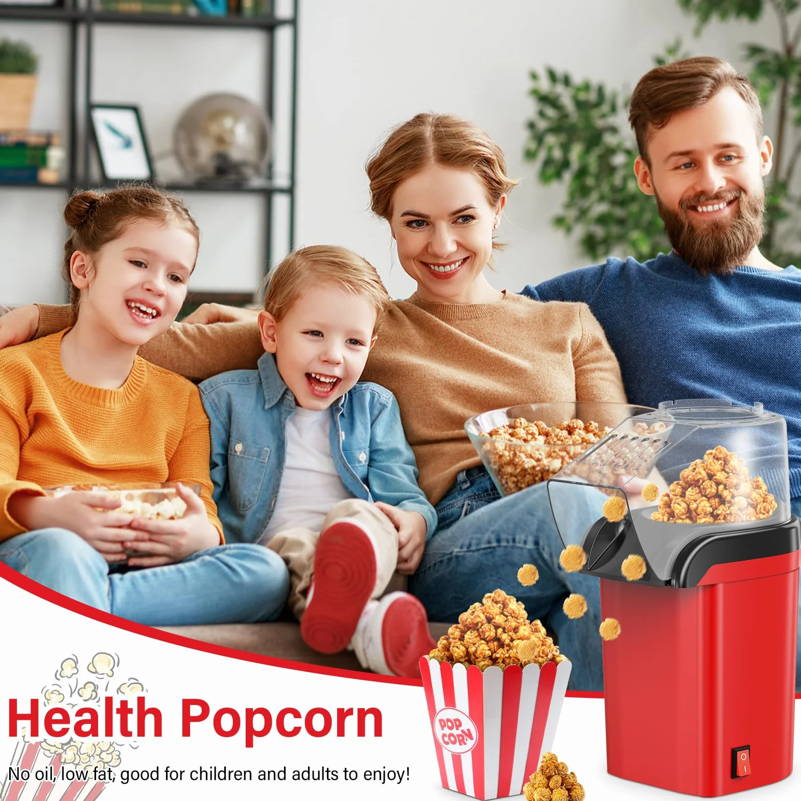Maszyna do popcornu 1200 W, na gorące powietrze, bez tłuszczu, 3 minuty, obsługa jednym dotknięciem
