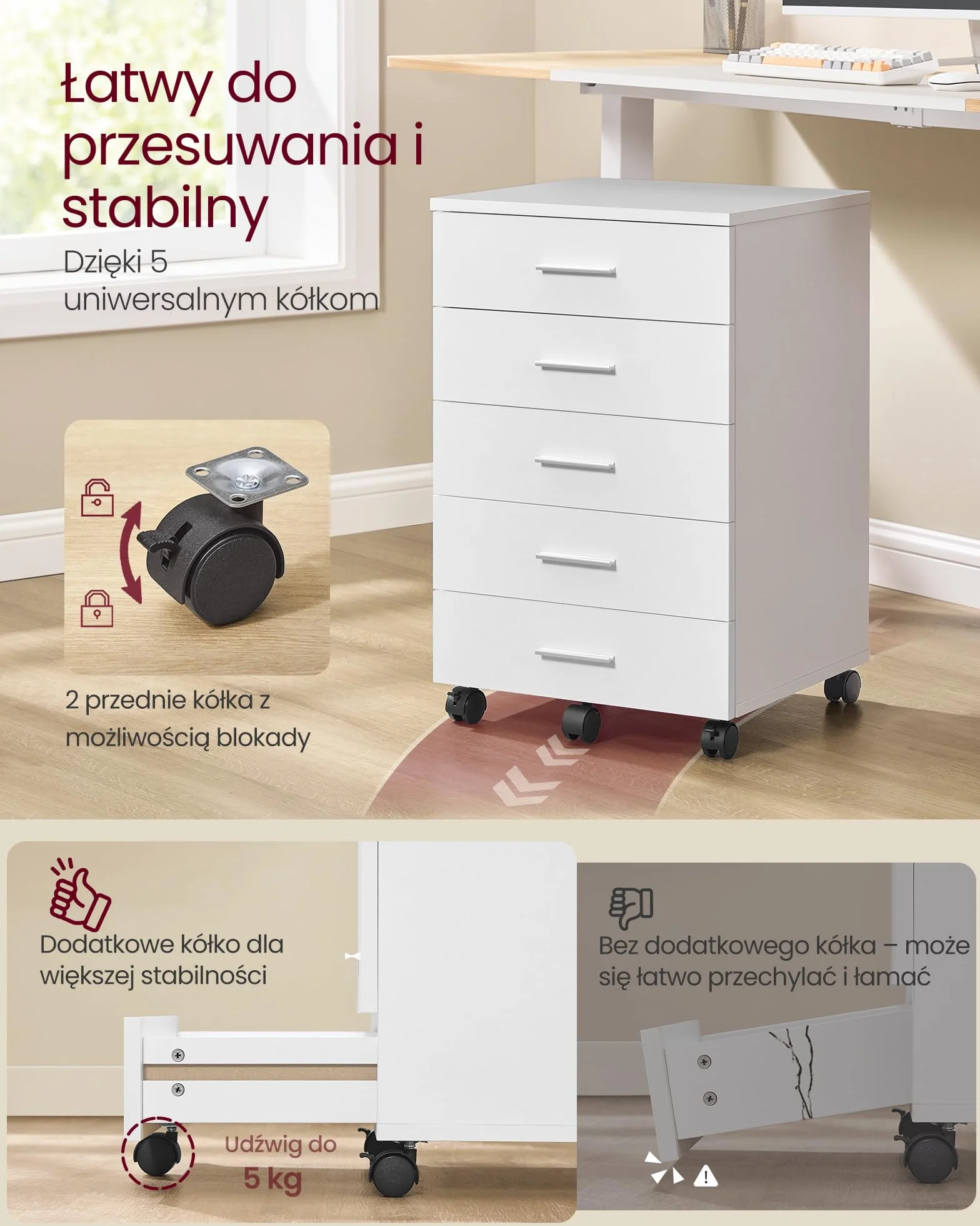 VASAGLE Szafka na dokumenty, mobilna szafka na dokumenty, stojak na drukarkę z 5 szufladami, z szynami ślizgowymi bez śrub, do biura, biura domowego, Cloud White OFC081W01